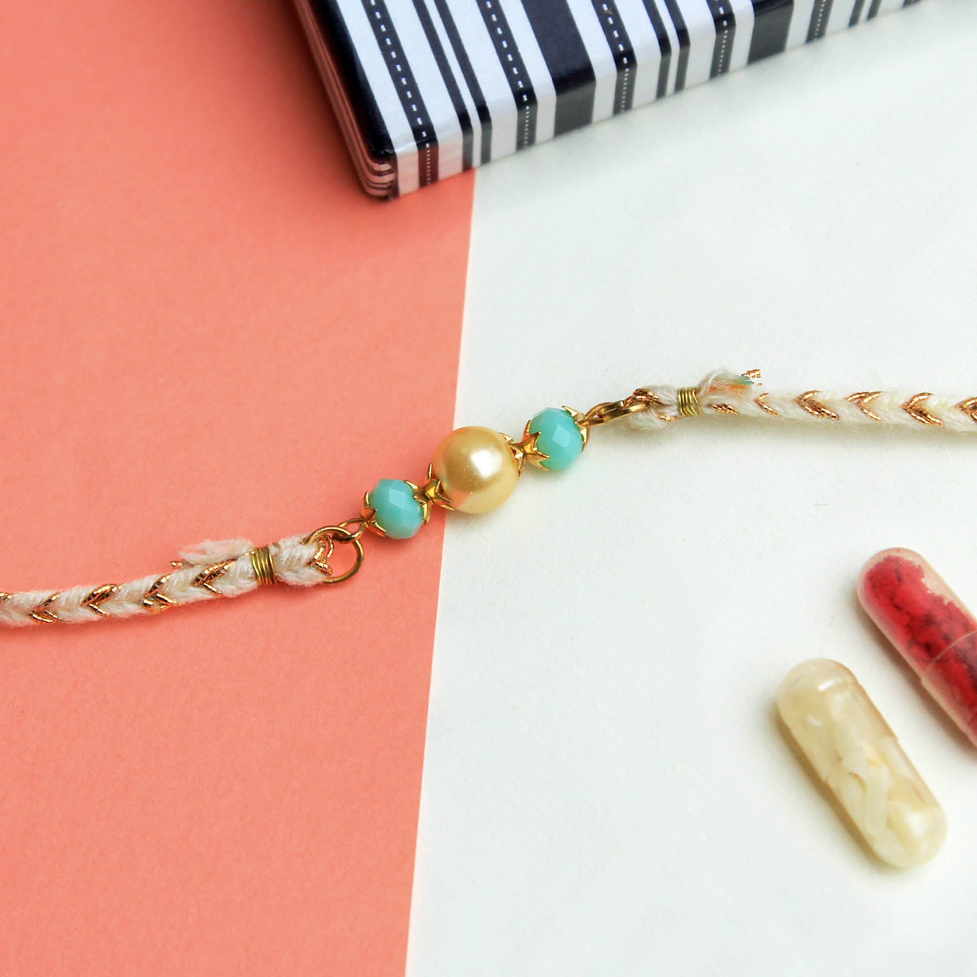 Set Of 3 Pearl And Mesh Rakhi