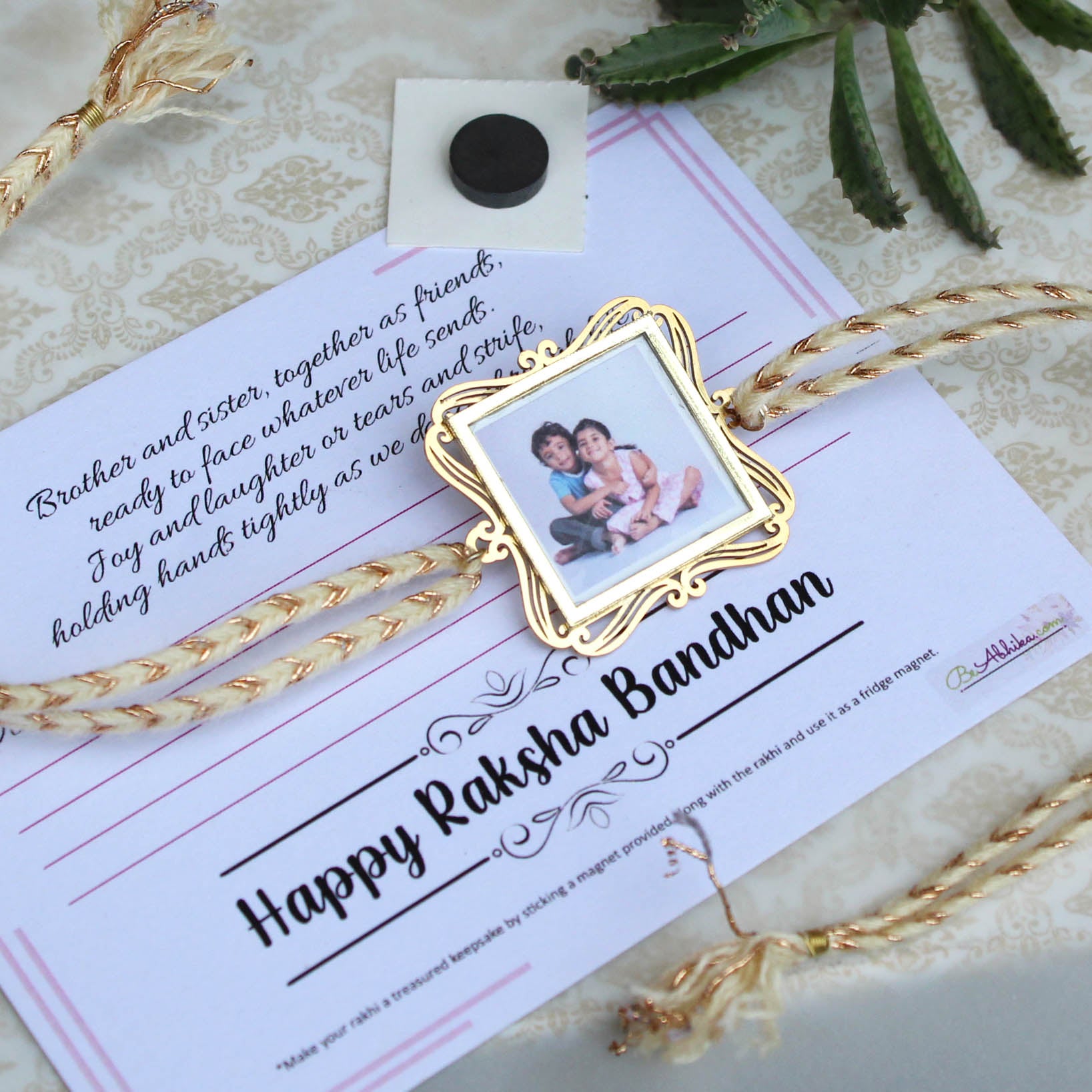 BeAbhika Gold Tone Photo Frame Designer Unqiue Famous Rakhi Lightweight Easy To Tie Rakhi Available At Best Price In India Online COD Available Send Rakhi To Brother Small Brother Big Brother Younger Brother Send Rakhi Abroad With Roli Chawal Capsules