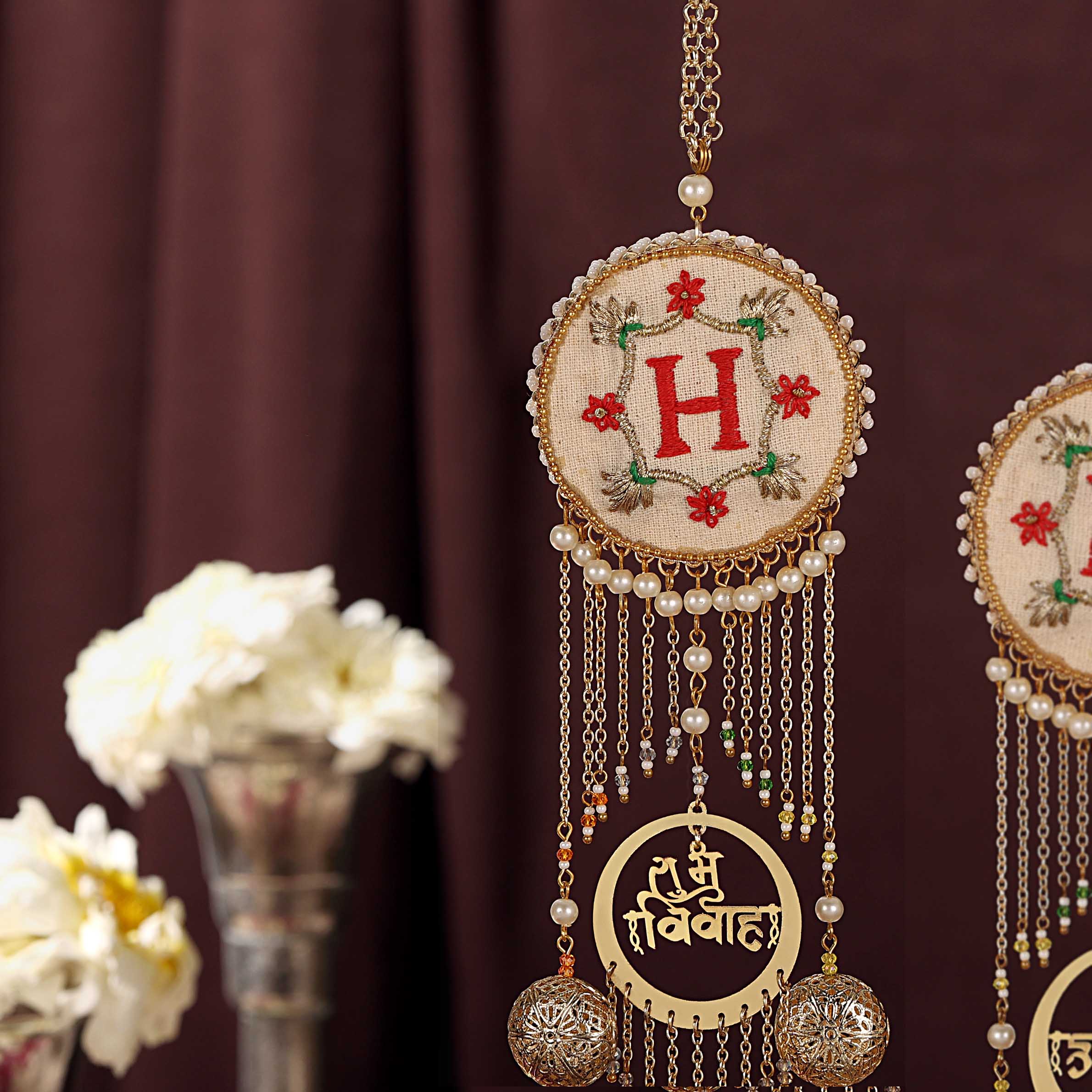 Hand Embroidered Initials Saat Vachan Shubh Vivah Charms Flat Kaleere - Set Of 2 Pieces
