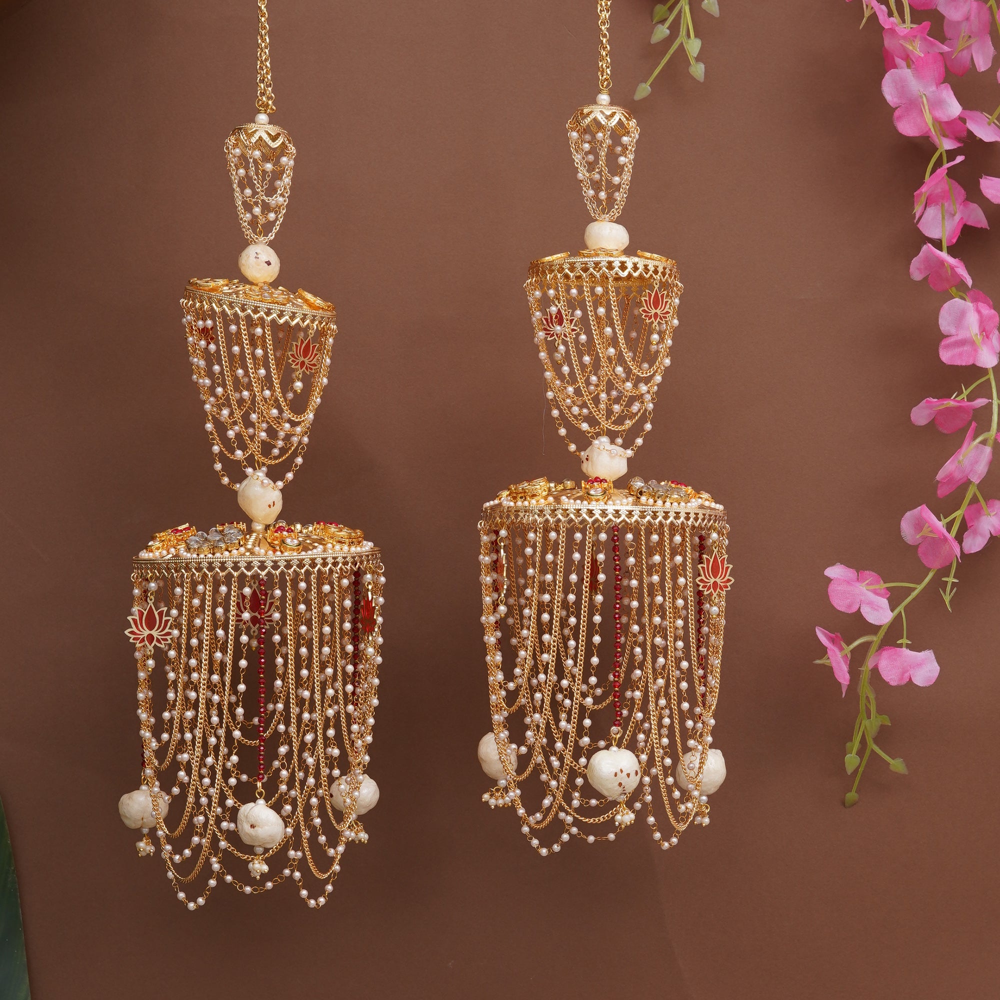 Royal Pearl Dome Bridal Kaleere with Multi-Layer Chain Drapes - Set Of 2 Pieces