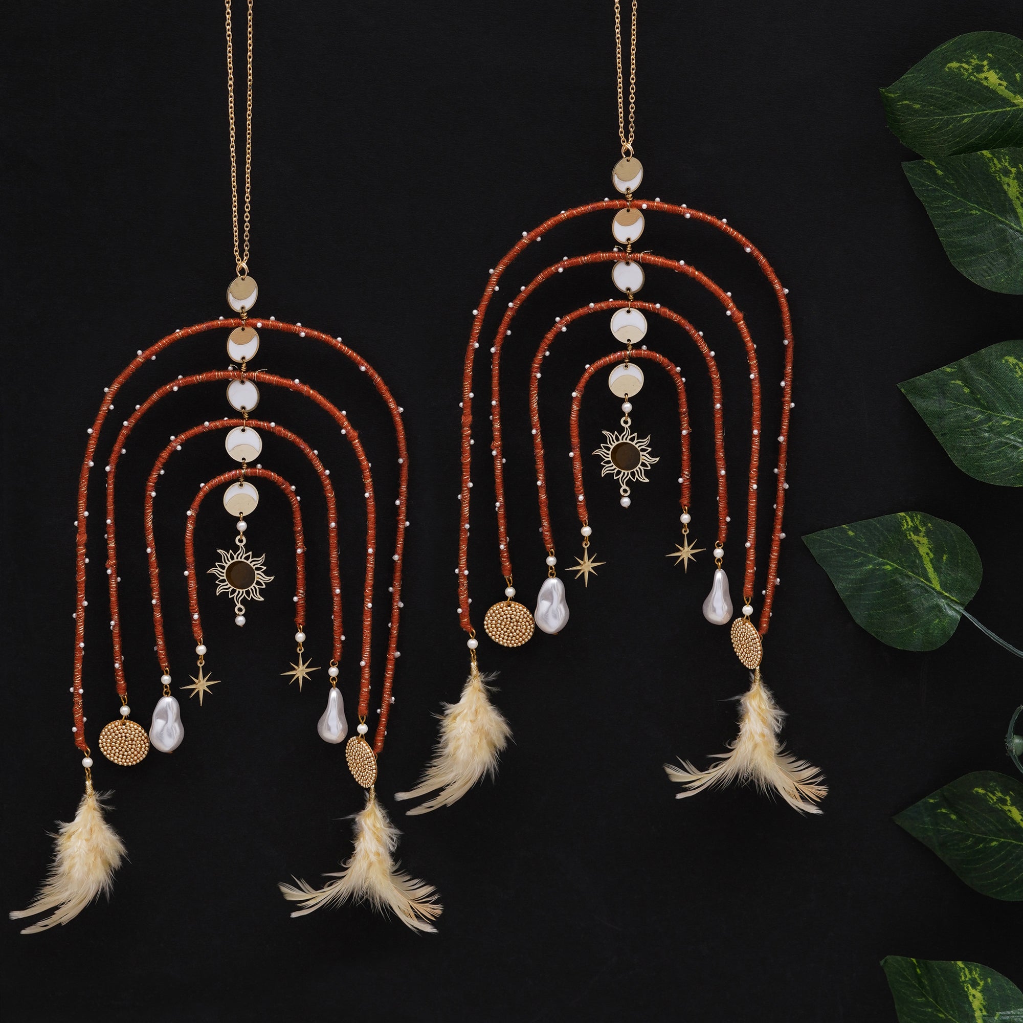 Boho Celestial Arch Bridal Kaleere with Feather & Pearl Drops - Set Of 2 Pieces