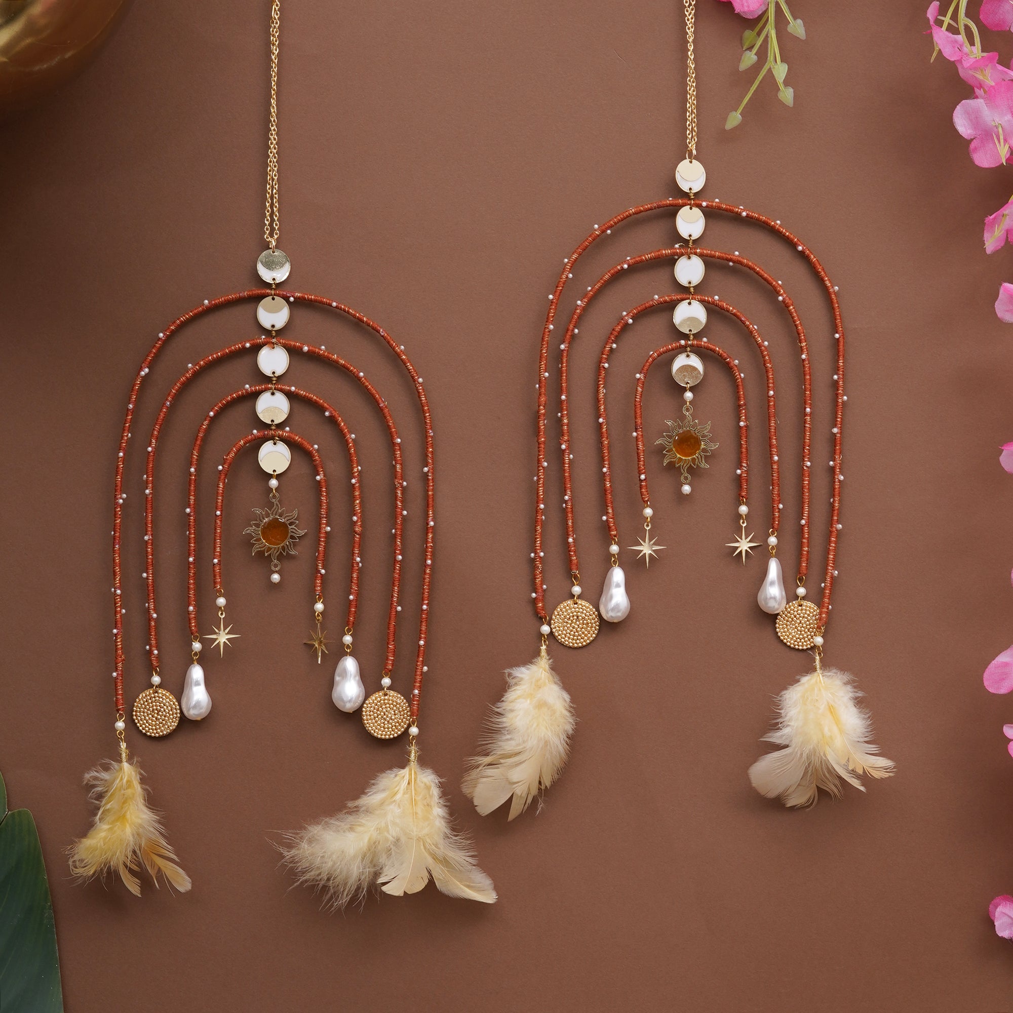 Boho Celestial Arch Bridal Kaleere with Feather & Pearl Drops - Set Of 2 Pieces