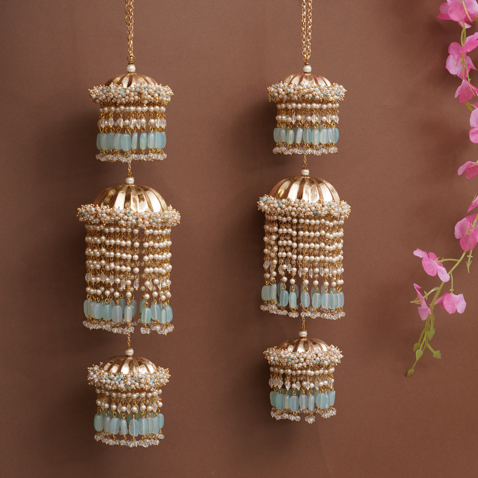 Pastel Pearl Tiered Bridal Kaleere with Mint Bead Drops - Set Of 2 Pieces