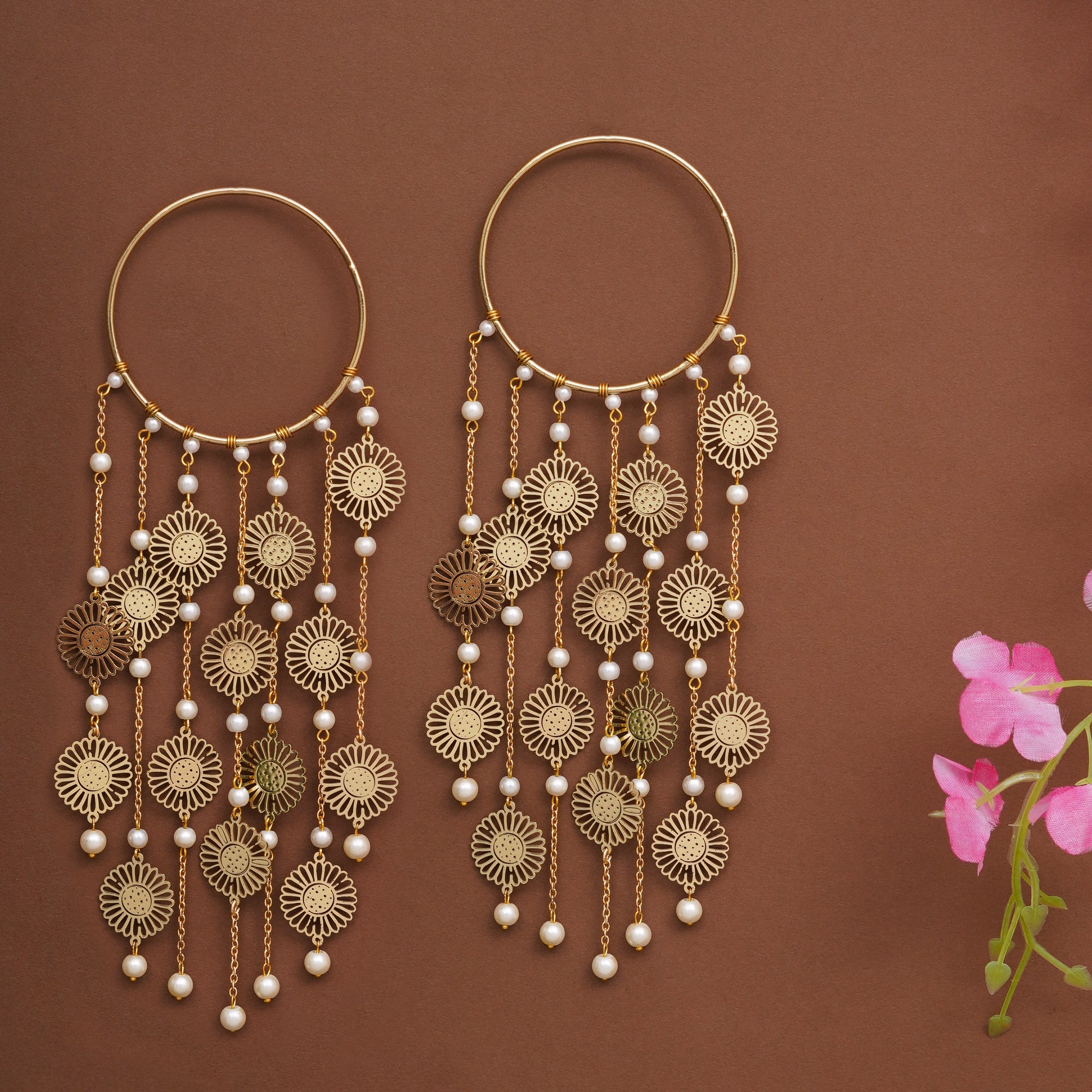 Sunburst Coin Bridal Kaleere with Pearl Drop Chains - Set Of 2 Pieces