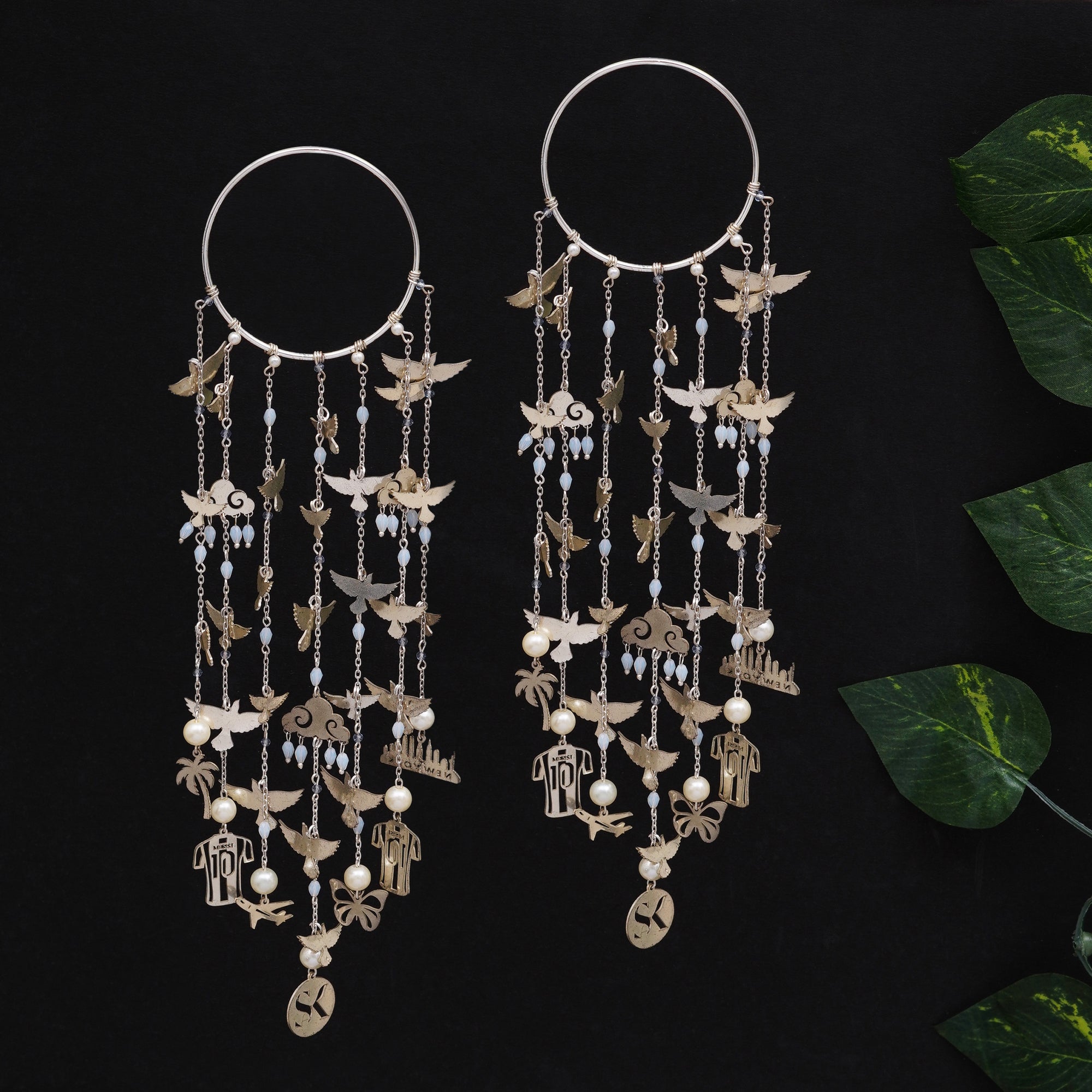 Personalized Celestial Bird Bridal Kaleere with Custom Charms & Pearl Drops - Set Of 2 Pieces