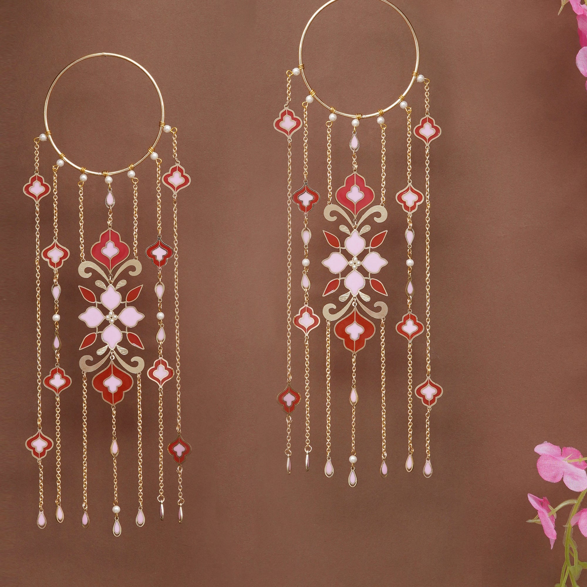 Personalized Floral Enamel Bridal Kaleere with Pearl Drop Chains - Set Of 2 Pieces