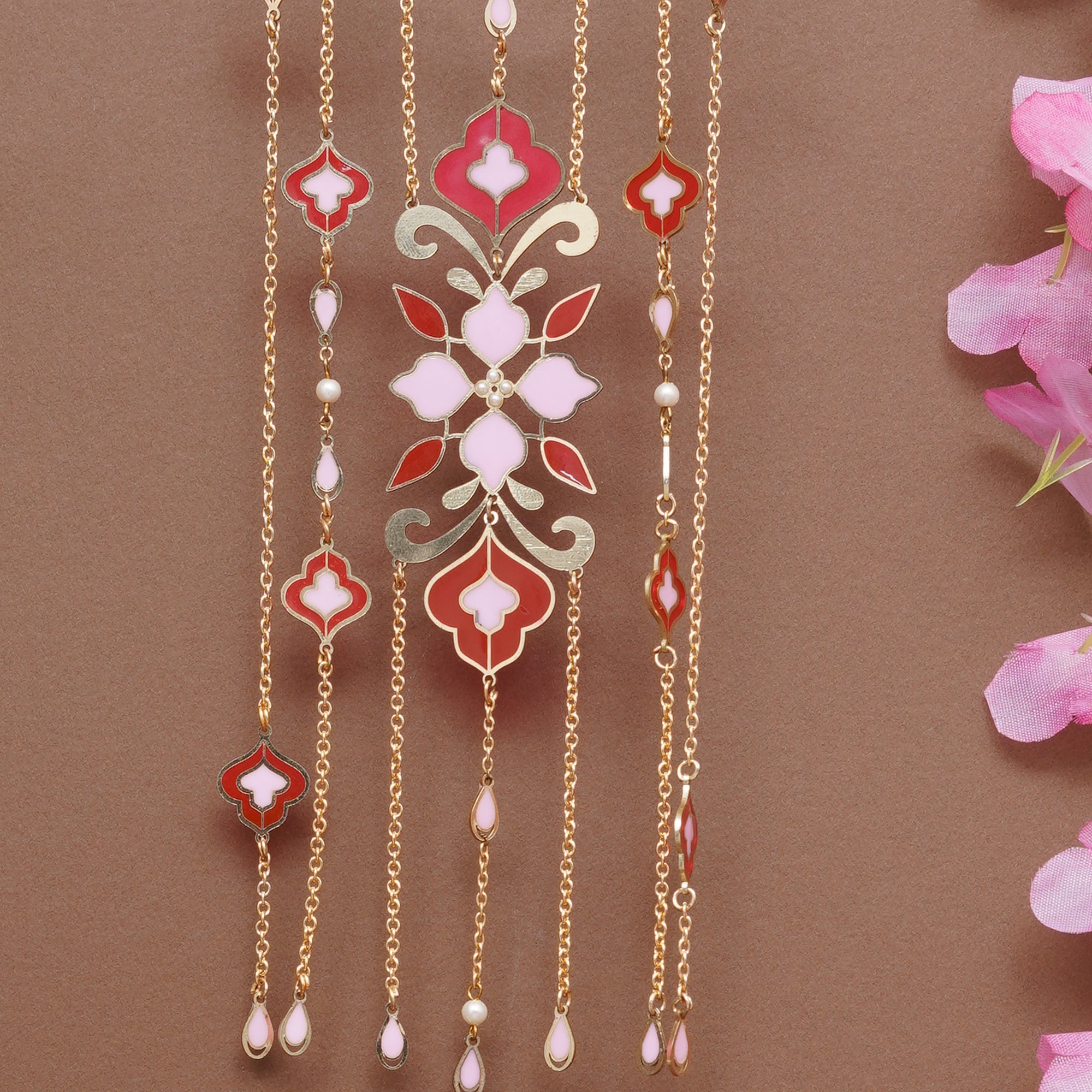 Personalized Floral Enamel Bridal Kaleere with Pearl Drop Chains - Set Of 2 Pieces
