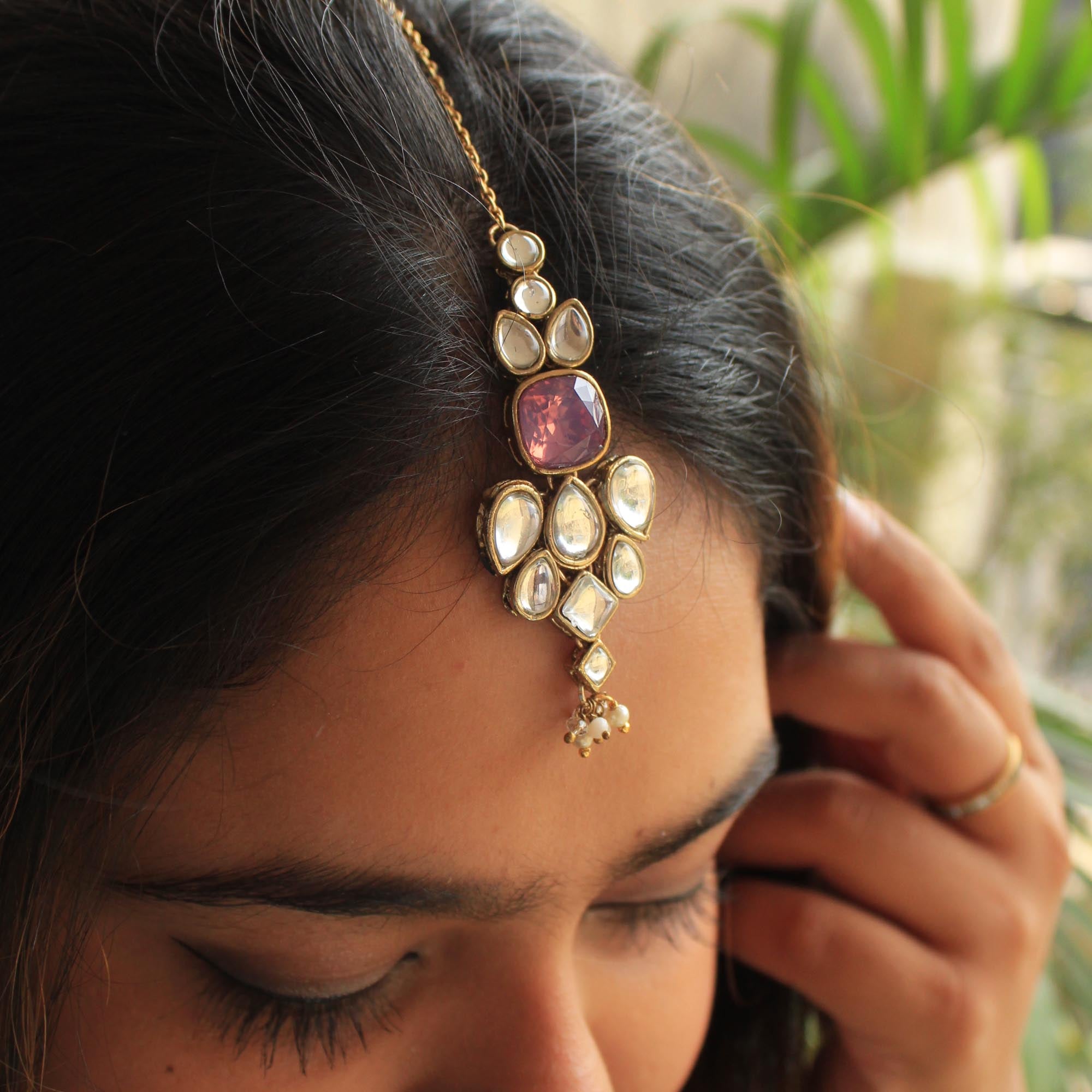 BeAbhika Handmade Artificial Jewelry Purple Color Kundan Necklace Set With Matching Earrings And Maang Tikka Head Jewelry Hair Jewelry Combo Mathapati Set White Color Pearls Kundan Chocker Necklace Set Traditional Kundan Necklace With Matching Mathapatti And Earrings Available On COD In India Heeramandi Style Jewelry Matching Ethnic Dress Turn on