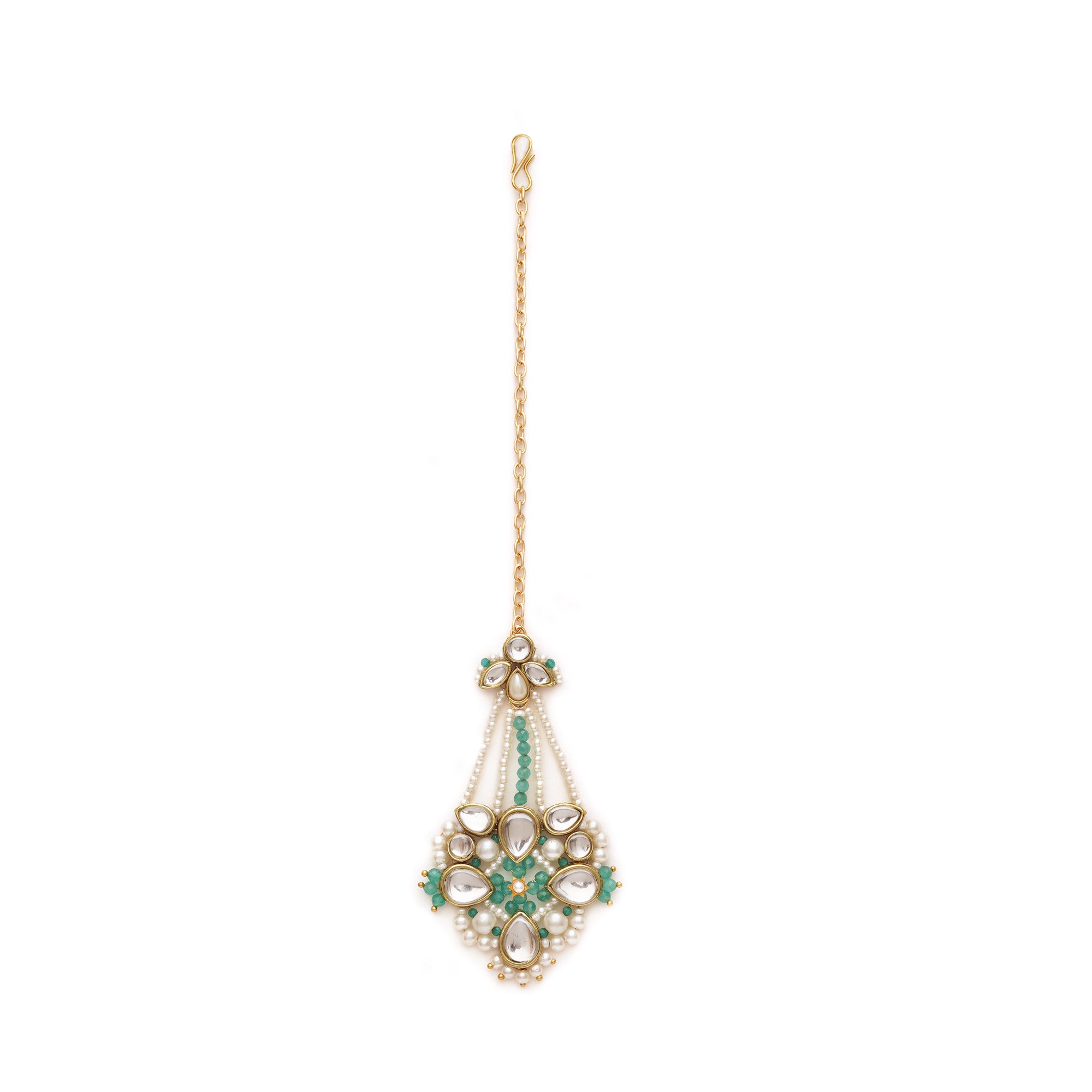 White Pearl Green Beads Maangtikka