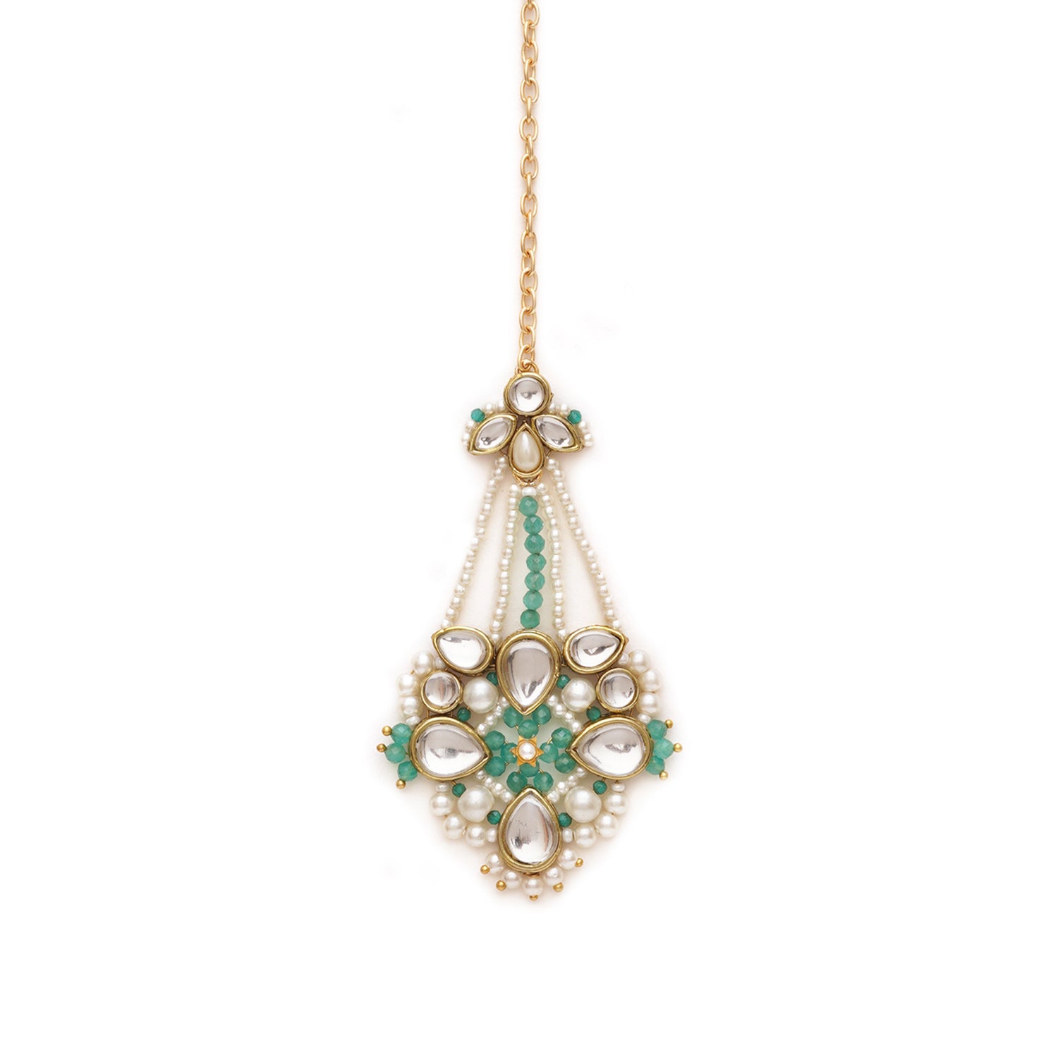 White Pearl Green Beads Maangtikka