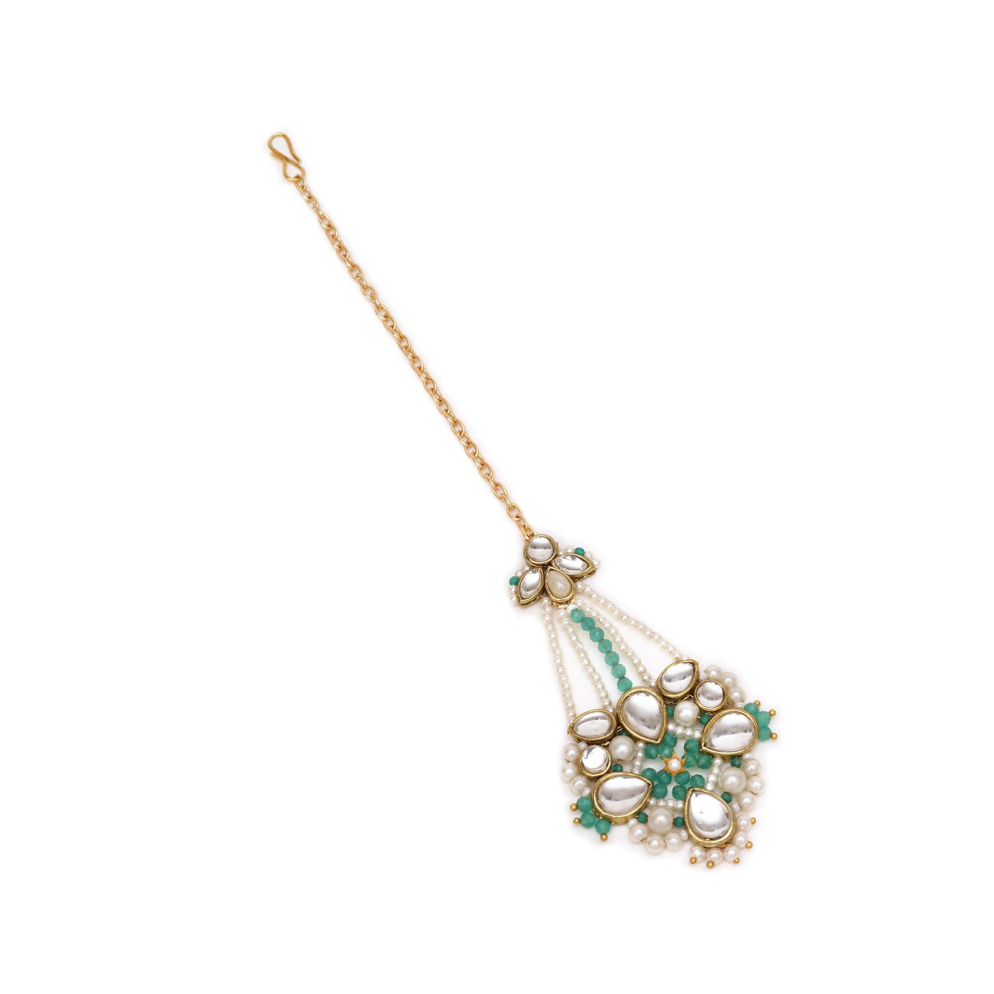 White Pearl Green Beads Maangtikka