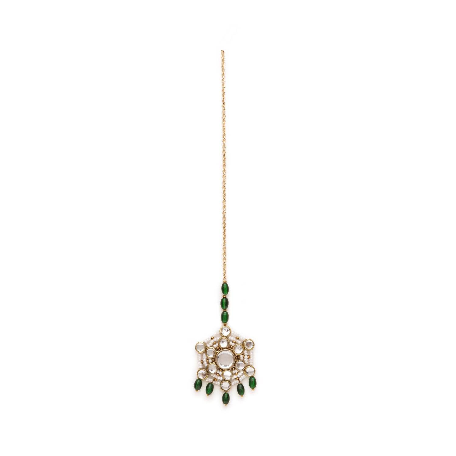Pearl and Kundan Green Stone Maangtikka - BeAbhika.com