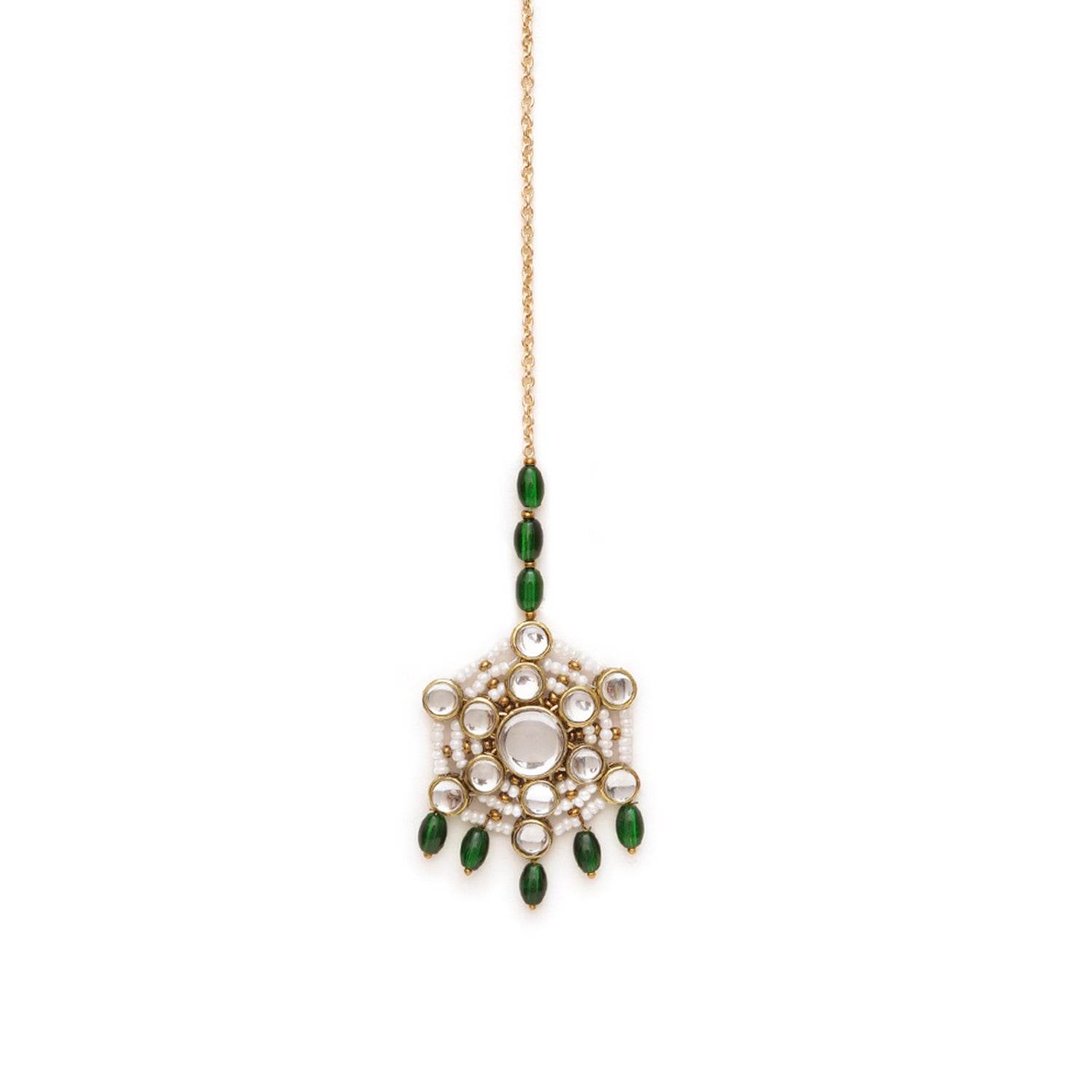 Pearl and Kundan Green Stone Maangtikka - BeAbhika.com