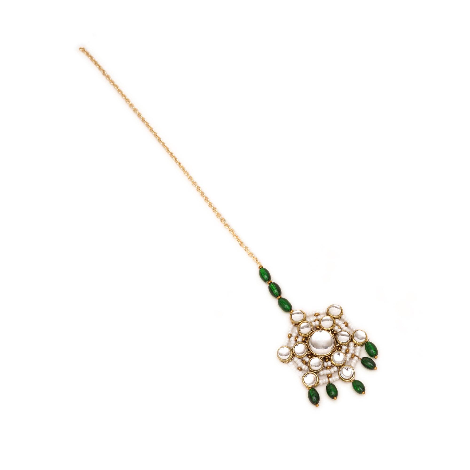 Pearl and Kundan Green Stone Maangtikka - BeAbhika.com
