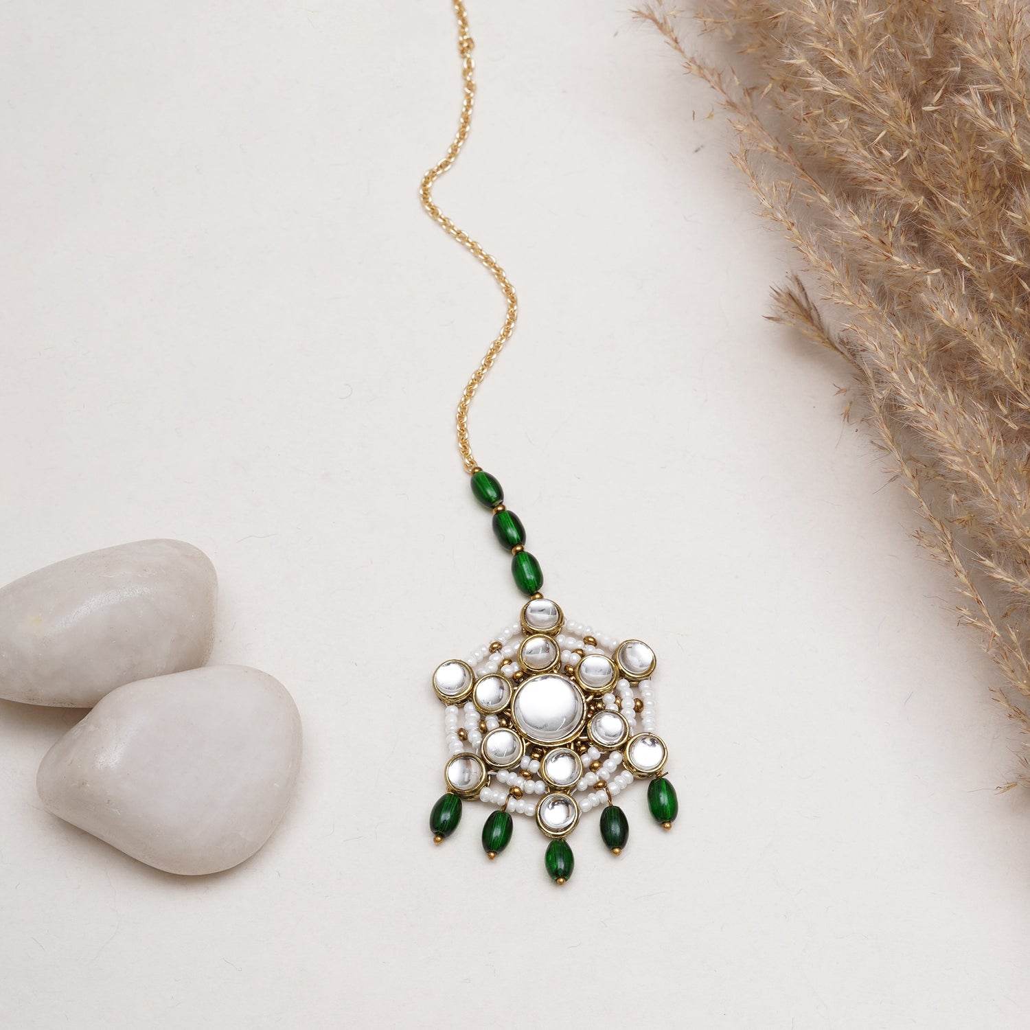 Pearl and Kundan Green Stone Maangtikka - BeAbhika.com