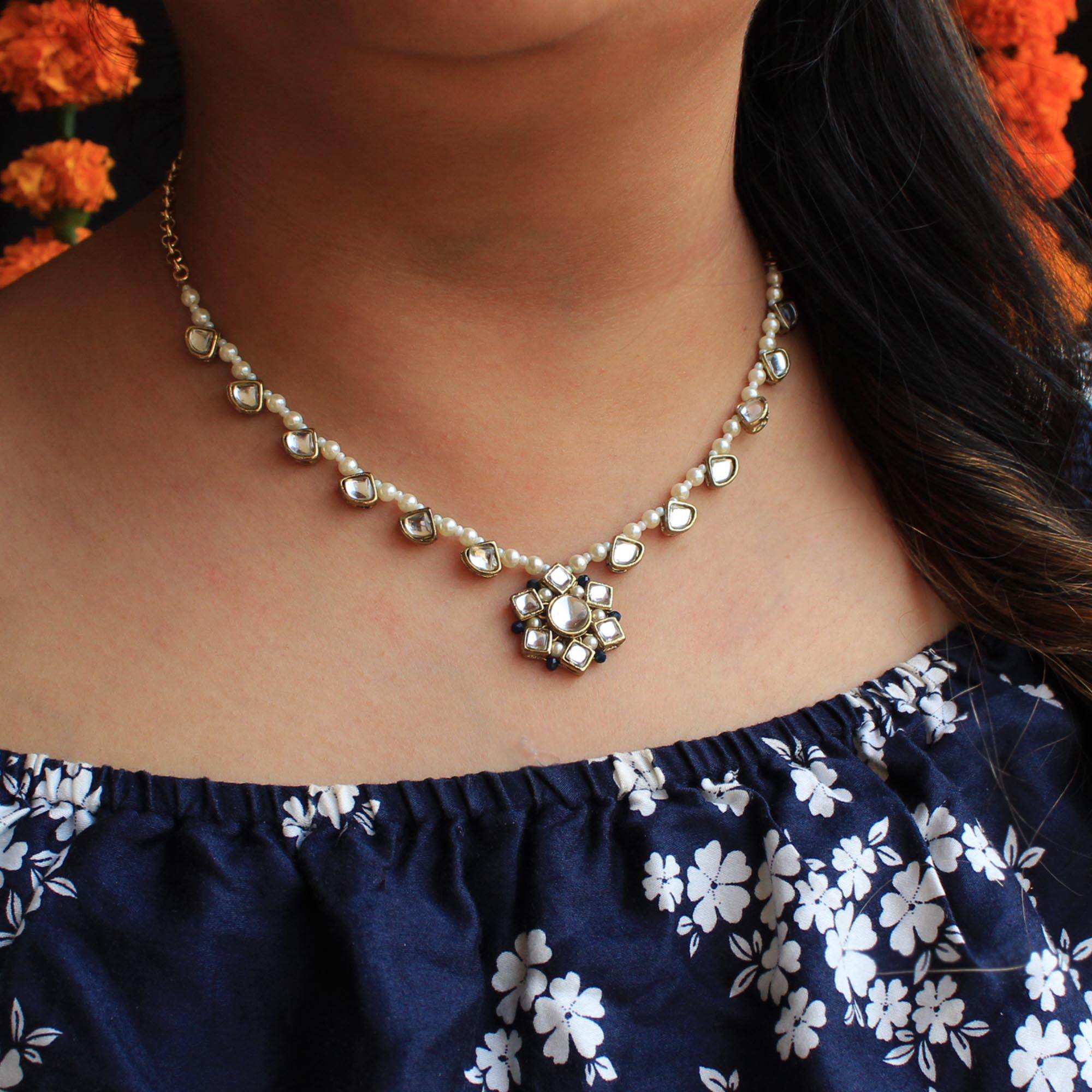 Kundan Blossom Necklace, Ring & Earrings Set - BeAbhika.com