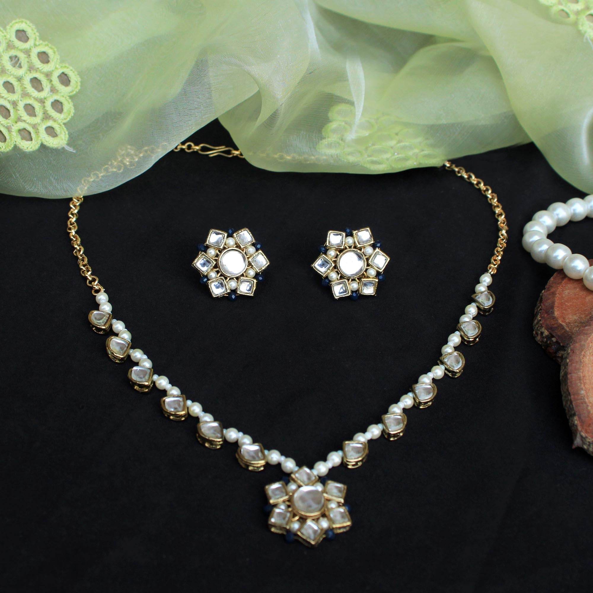 Kundan Blossom Necklace, Ring & Earrings Set - BeAbhika.com