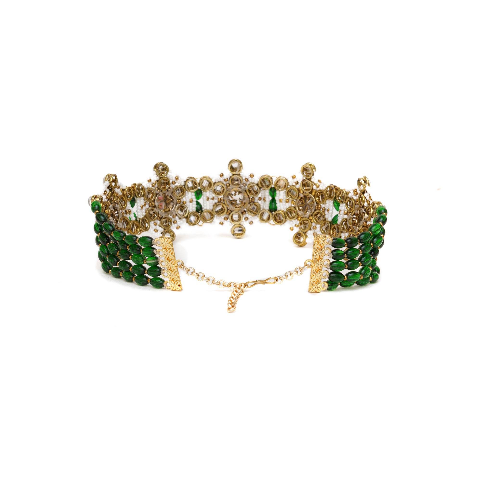 Kundan choker set in gold-tone with matching earrings and long bridal necklace, perfect for wedding functions , festive and bridal wear
