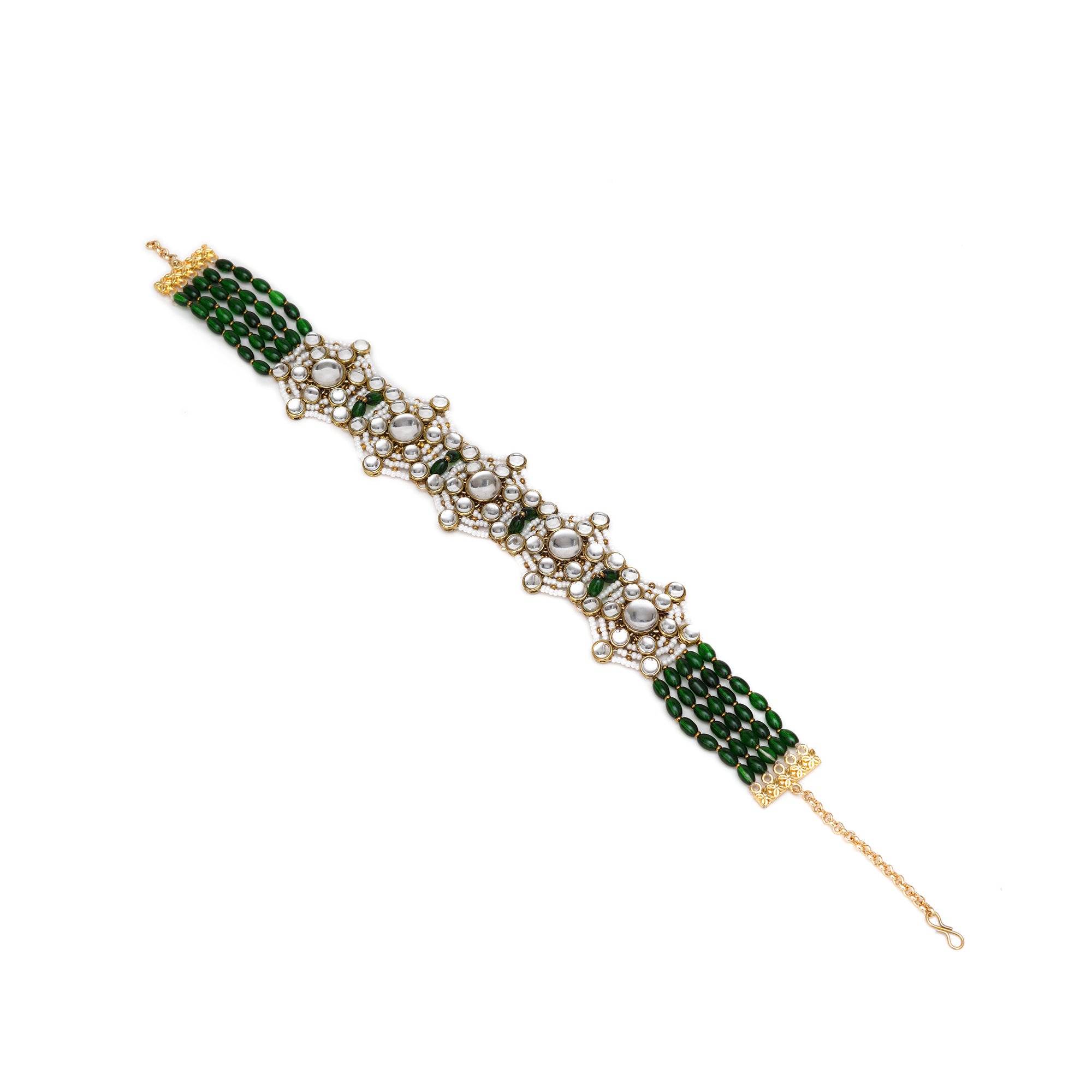 Kundan choker set in gold-tone with matching earrings and long bridal necklace, perfect for wedding functions , festive and bridal wear