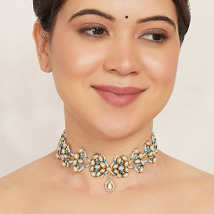 Aqua Pearl Kundan Floral Necklace