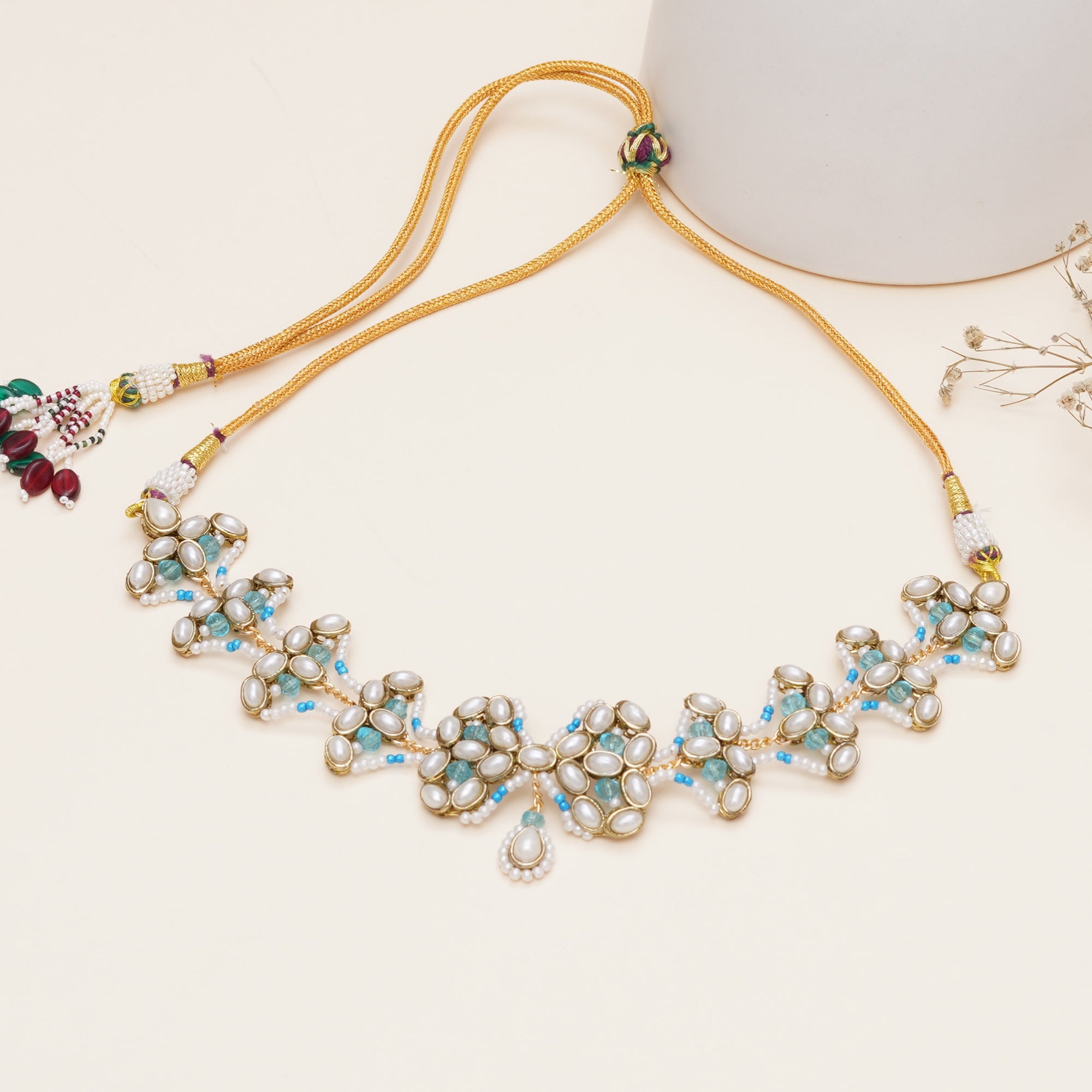Aqua Pearl Kundan Floral Necklace