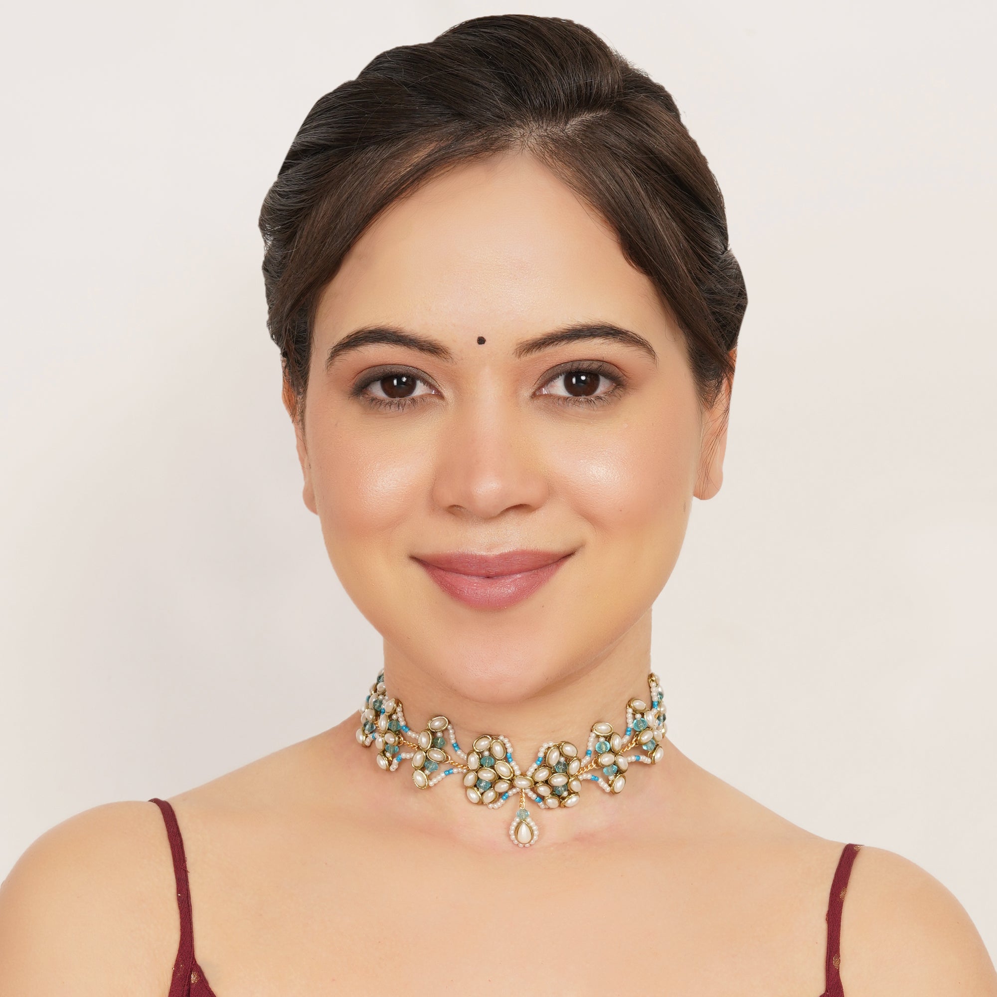 Aqua Pearl Kundan Floral Necklace