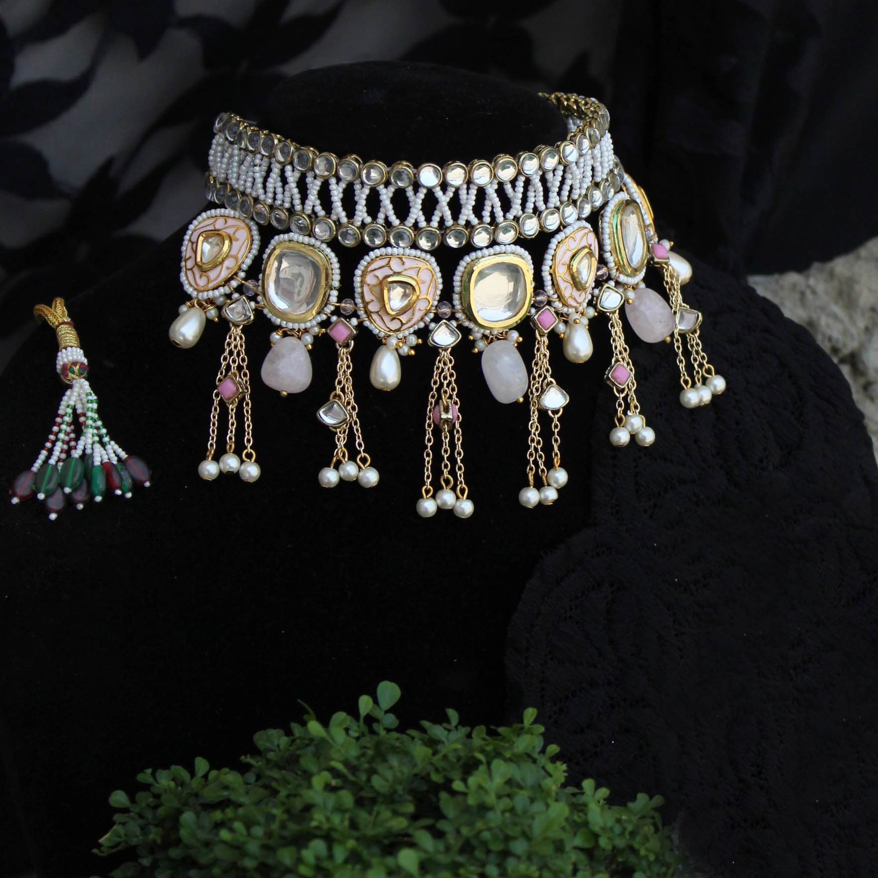 Kundan choker set in gold-tone with matching earrings and long bridal necklace, perfect for wedding functions , festive and bridal wear