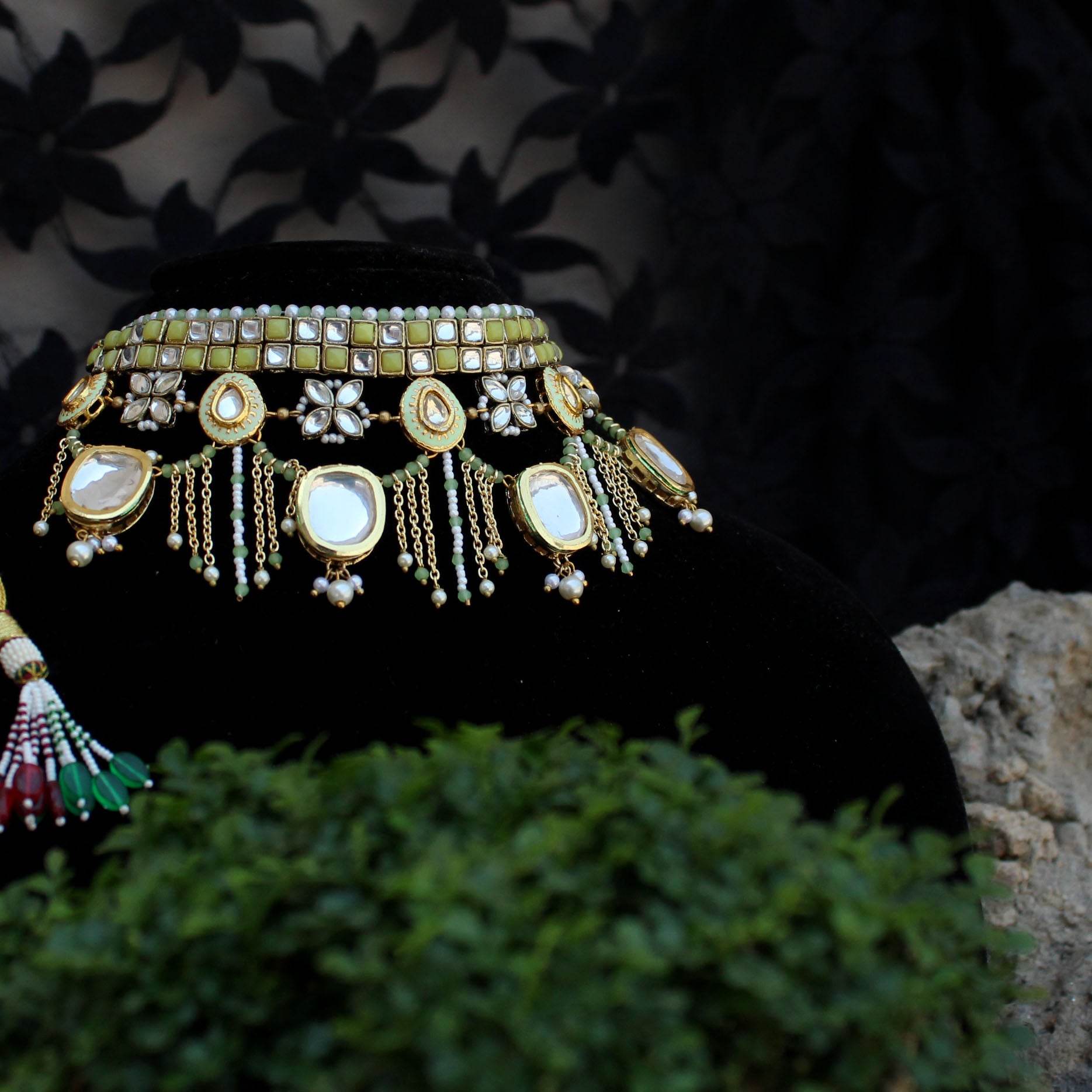 Kundan choker set in gold-tone with matching earrings and long bridal necklace, perfect for wedding functions , festive and bridal wear