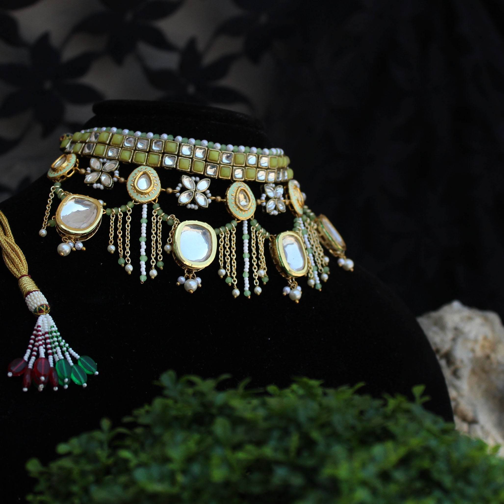 Kundan choker set in gold-tone with matching earrings and long bridal necklace, perfect for wedding functions , festive and bridal wear