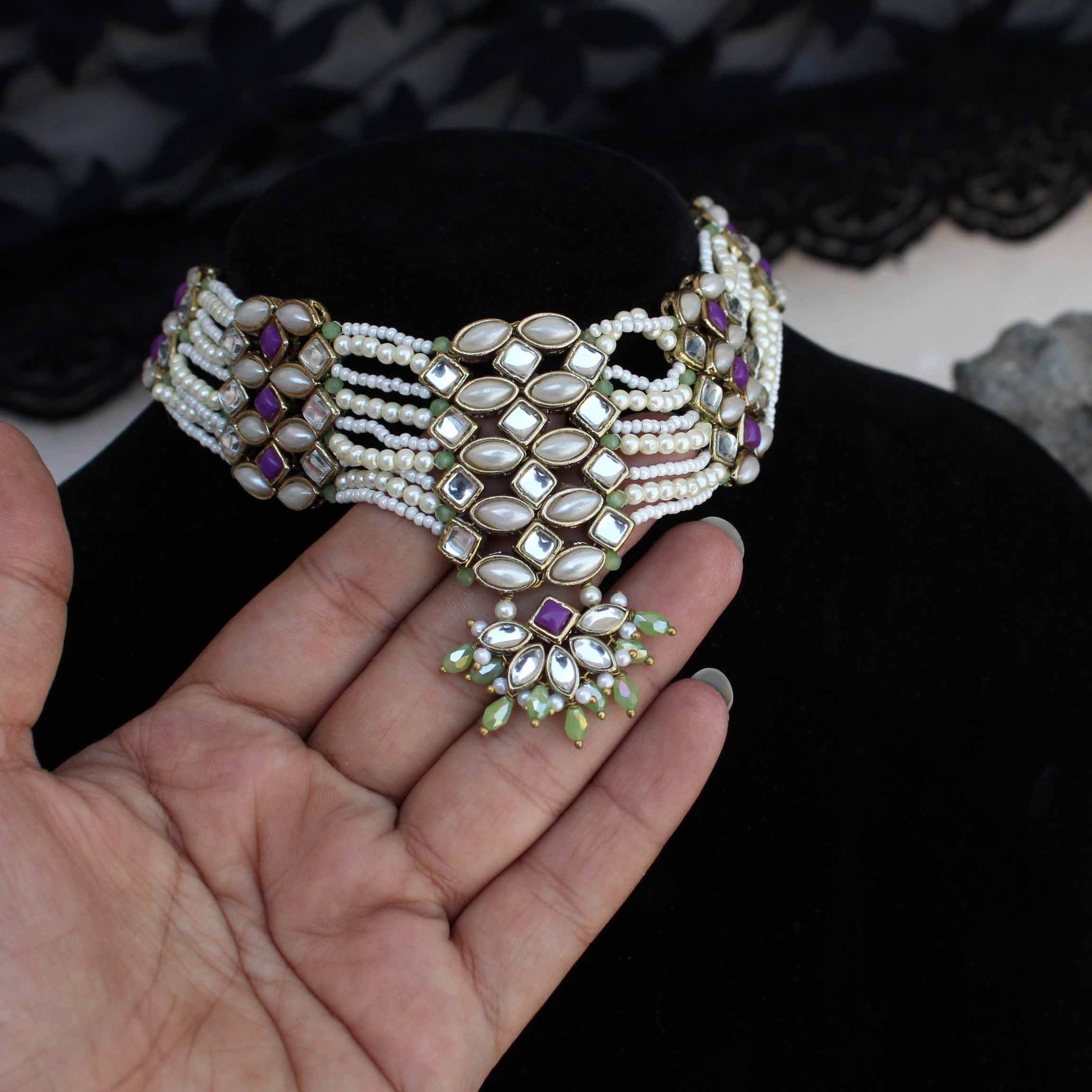 Pearl Twirl Ful Set With Long Haar, Choker, Ring, Maangtikka, Bracelet & Earrings - BeAbhika.com
