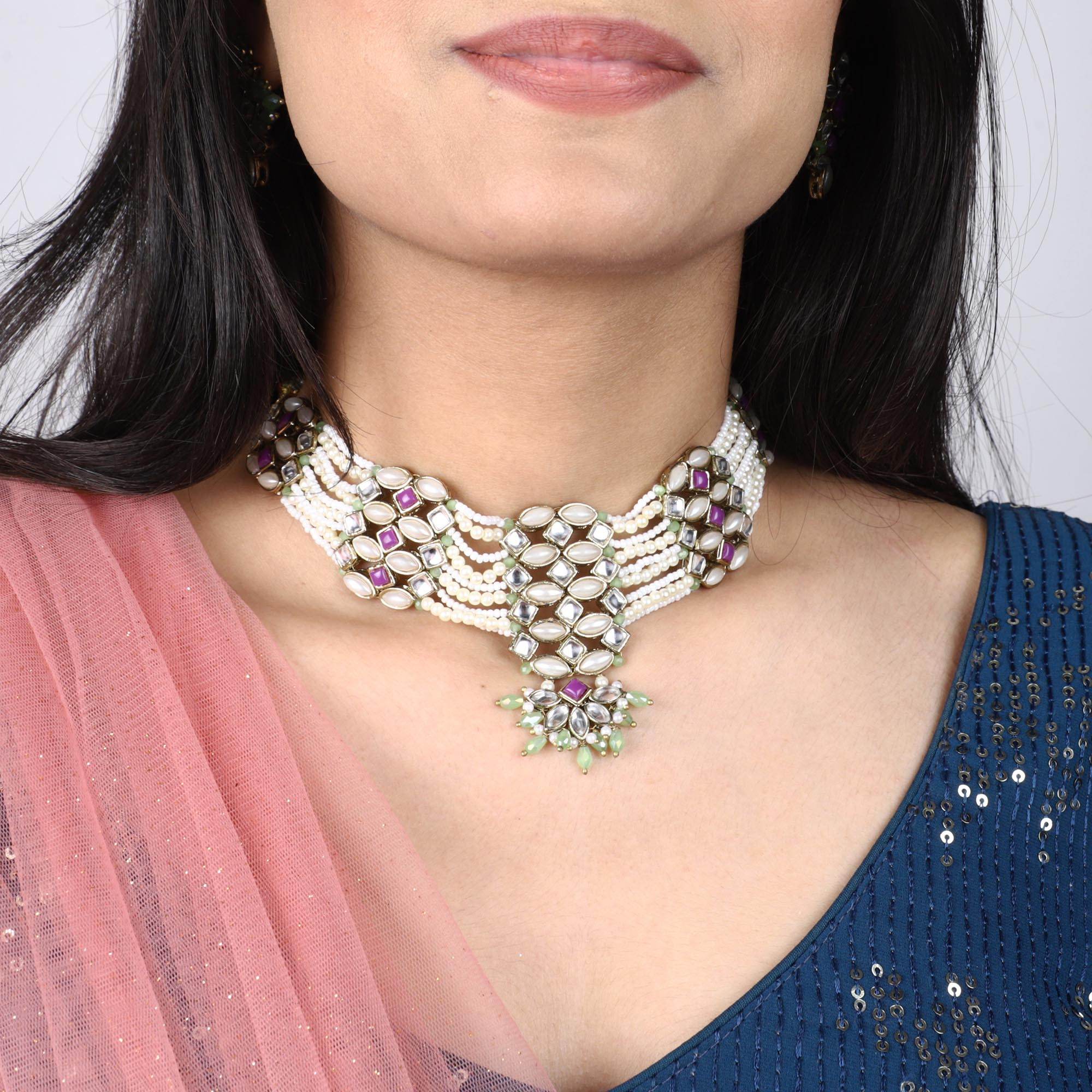 Pearl Twirl Ful Set With Long Haar, Choker, Ring, Maangtikka, Bracelet & Earrings - BeAbhika.com
