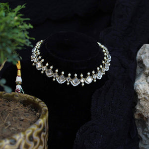 Kundan choker set in gold-tone with matching earrings and long bridal necklace, perfect for wedding functions , festive and bridal wear