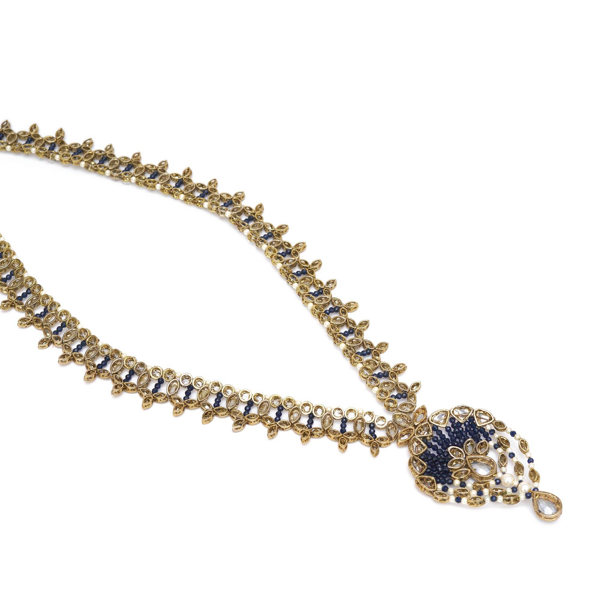 Kundan choker set in gold-tone with matching earrings and long bridal necklace, perfect for wedding functions , festive and bridal wear