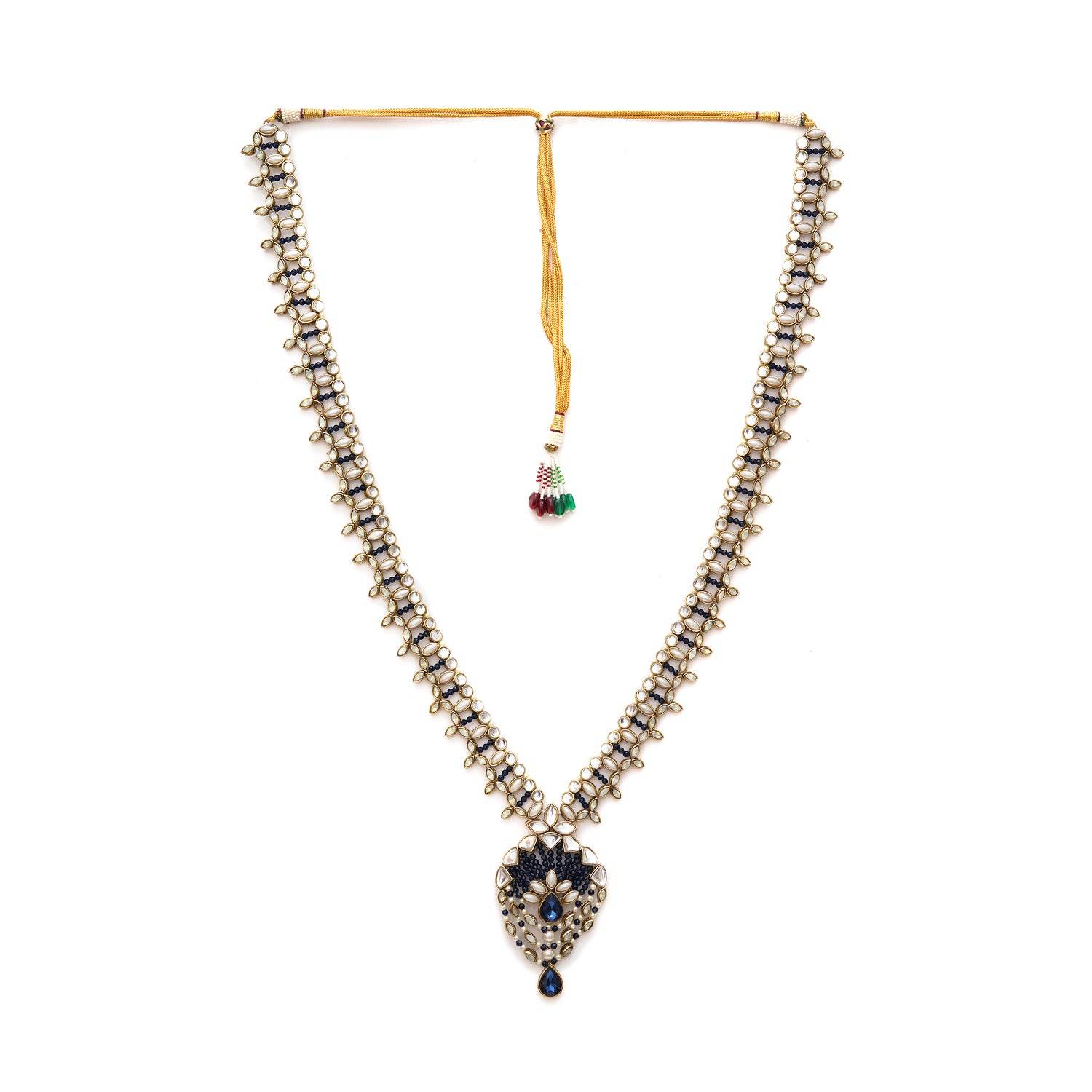 Kundan choker set in gold-tone with matching earrings and long bridal necklace, perfect for wedding functions , festive and bridal wear