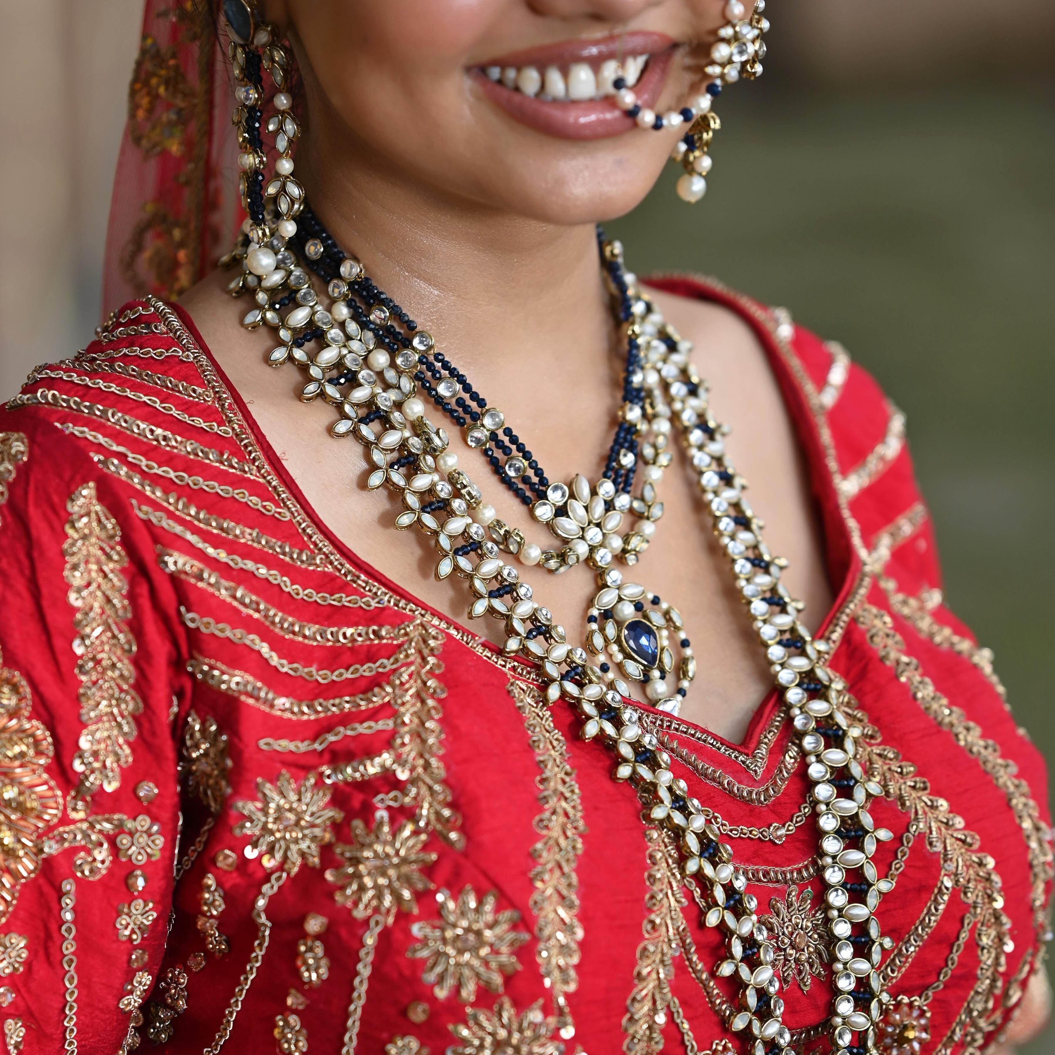 Kundan choker set in gold-tone with matching earrings and long bridal necklace, perfect for wedding functions , festive and bridal wear
