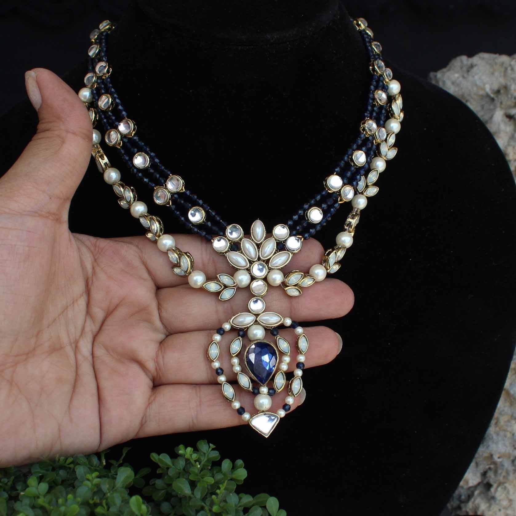 Blue Hues Full Set With Choker, Long Necklace, Earrings, Bracelet & 2 Rings - BeAbhika.com
