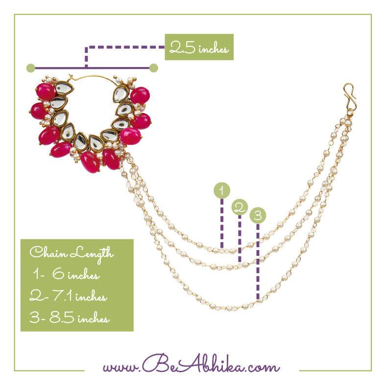 Traditional Indian bridal nath with kundan stones, green beads, and pearl hair chain Indian Nathiya Nathani Nose Ring