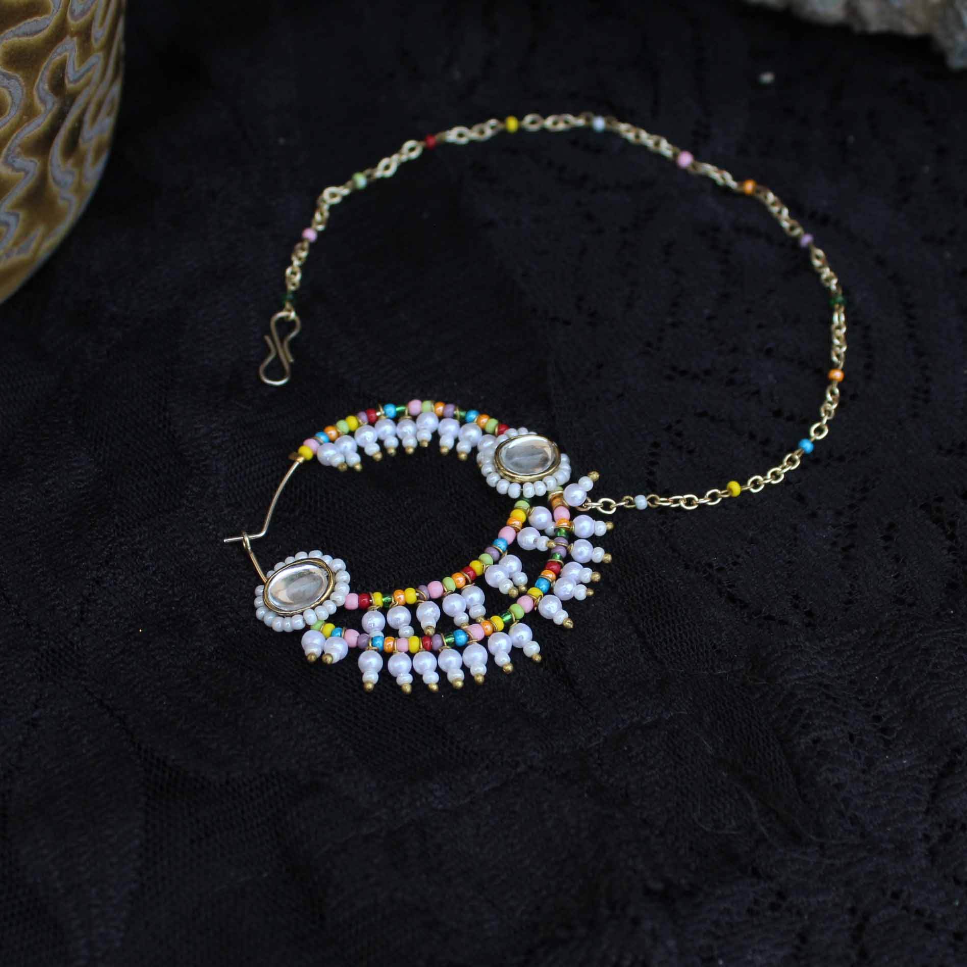 Traditional Indian bridal nath with kundan stones, green beads, and pearl hair chain Indian Nathiya Nathani Nose Ring