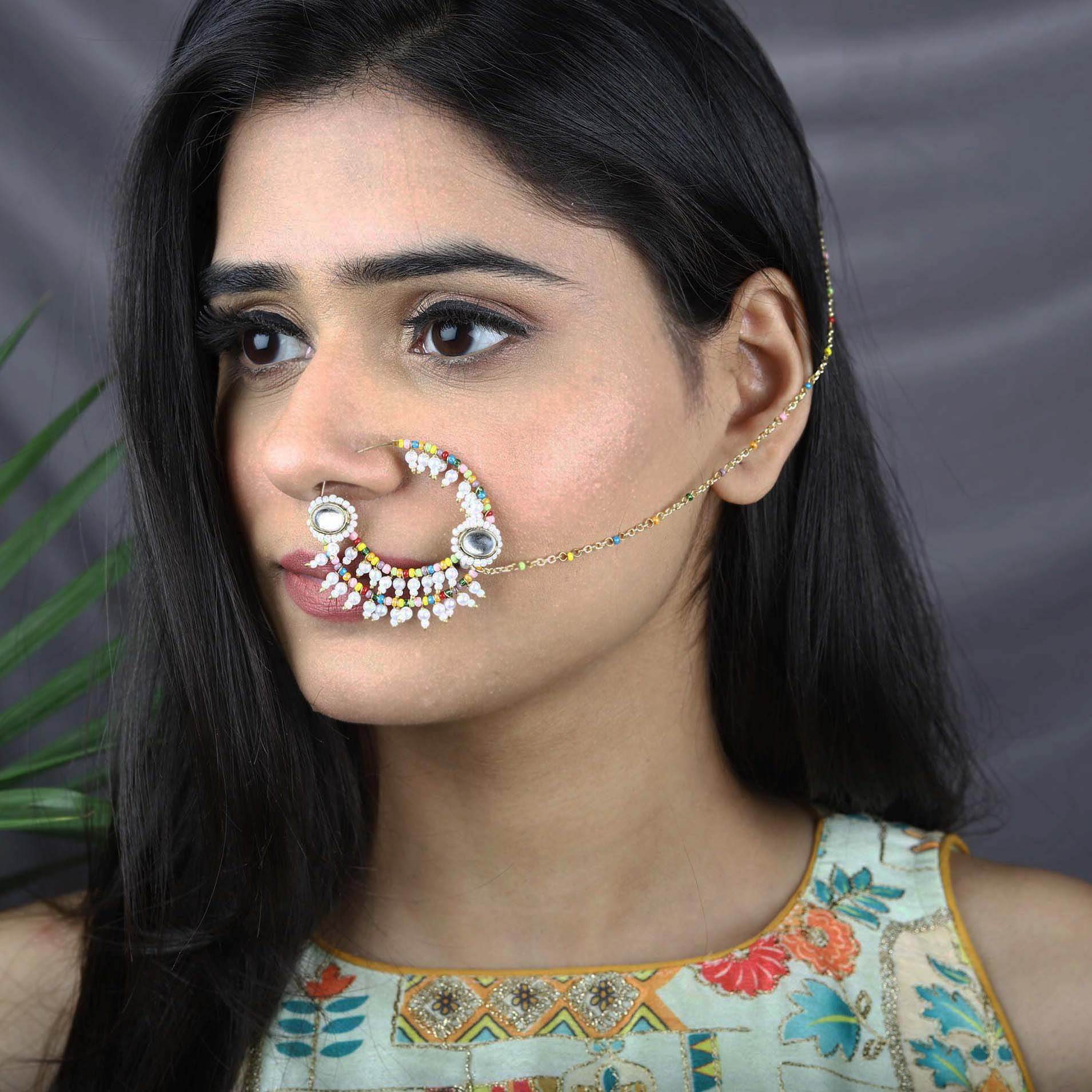 Traditional Indian bridal nath with kundan stones, green beads, and pearl hair chain Indian Nathiya Nathani Nose Ring