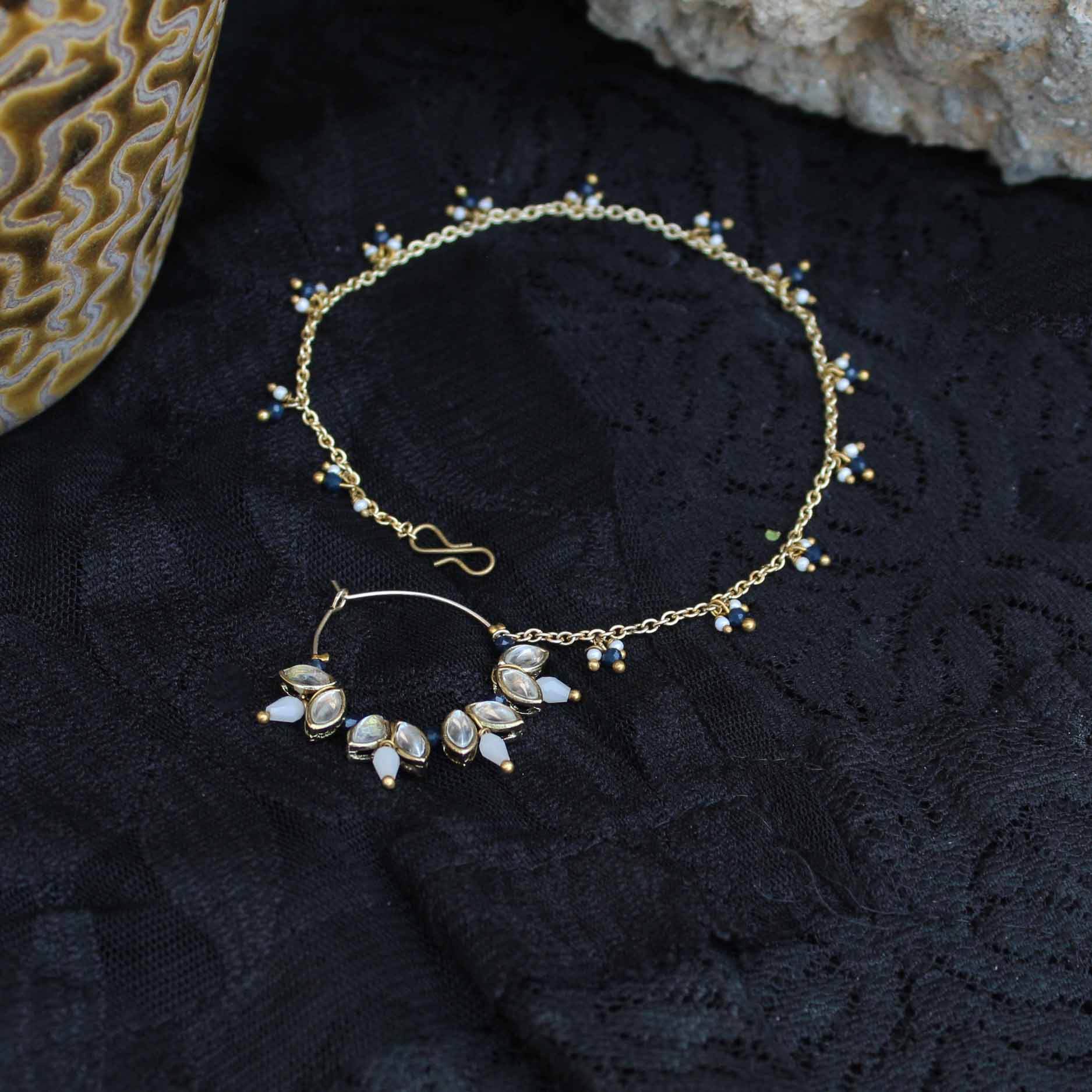 Traditional Indian bridal nath with kundan stones, green beads, and pearl hair chain Indian Nathiya Nathani Nose Ring