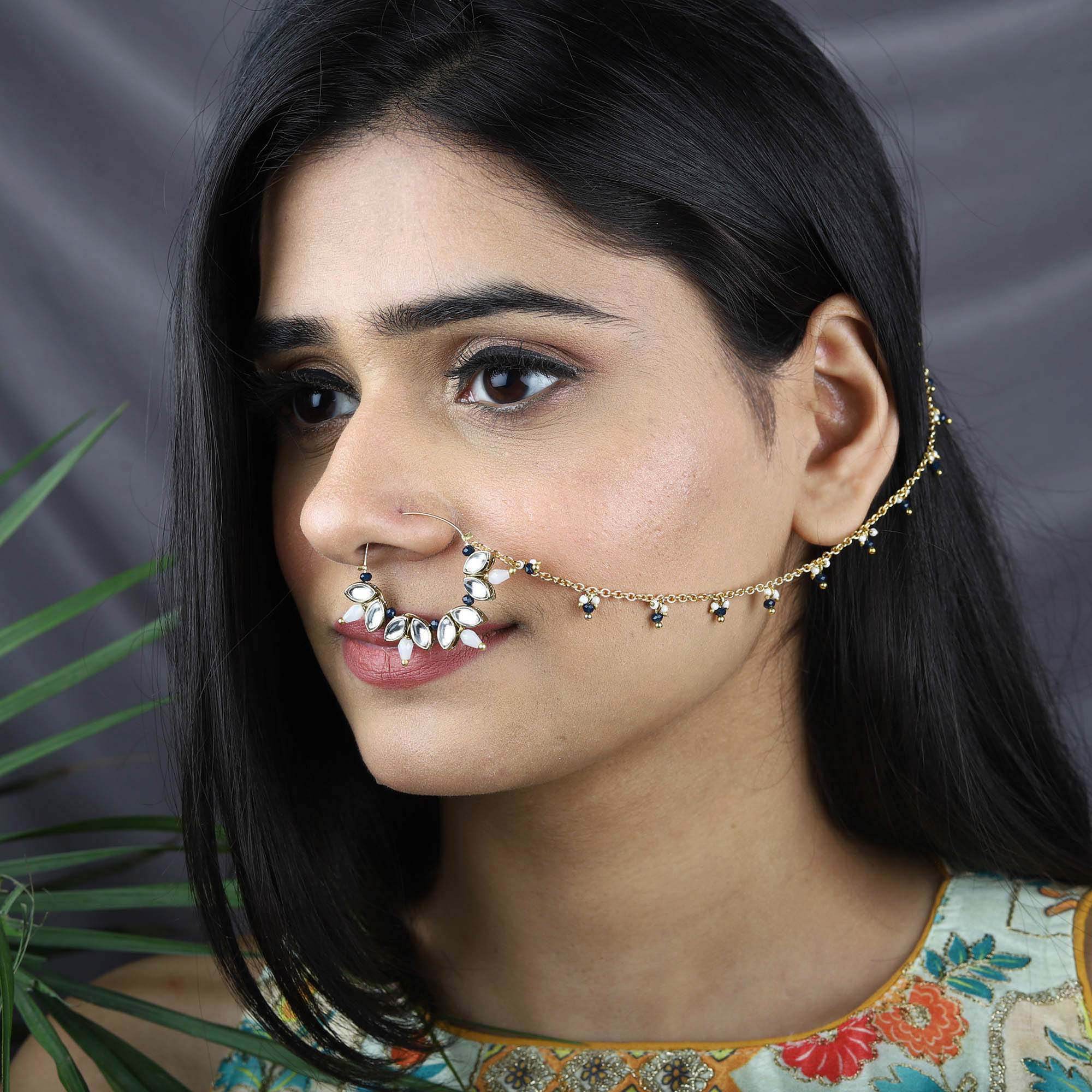 Traditional Indian bridal nath with kundan stones, green beads, and pearl hair chain Indian Nathiya Nathani Nose Ring