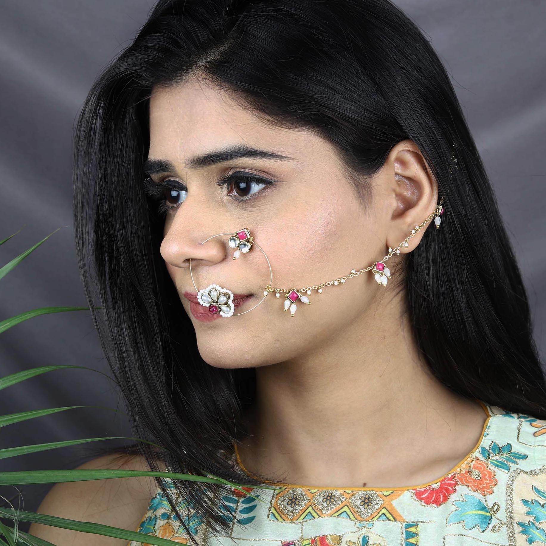 Traditional Indian bridal nath with kundan stones, green beads, and pearl hair chain Indian Nathiya Nathani Nose Ring