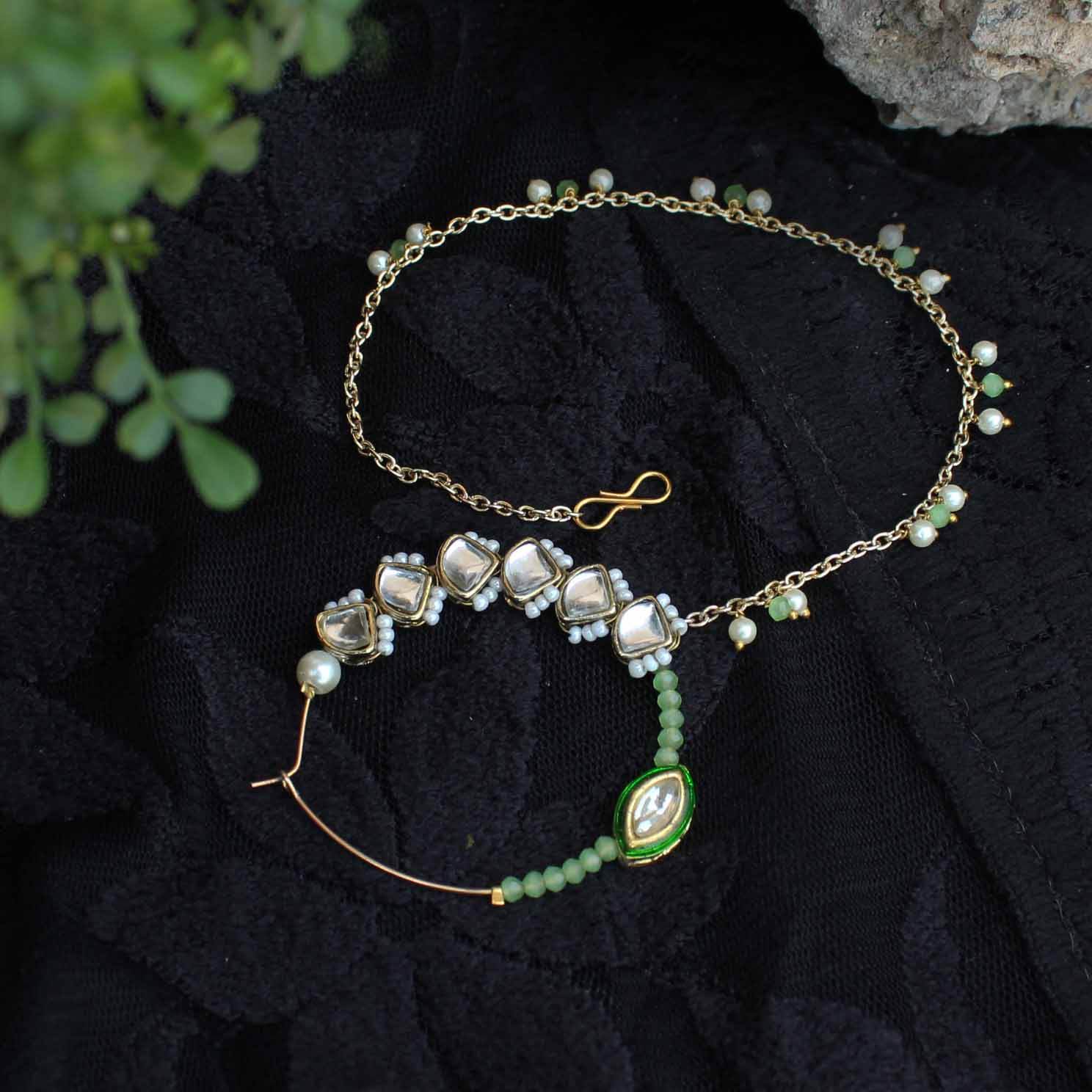 Traditional Indian bridal nath with kundan stones, green beads, and pearl hair chain Indian Nathiya Nathani Nose Ring