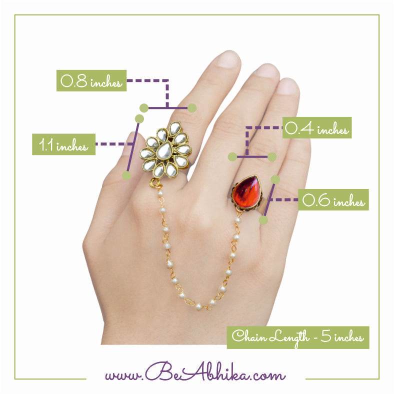 Beabhika Handmade Artificial Jewelry Adjustable Kundan Ring Gold Tone Two Finger Ring Adjustable Kundan Statement Rings Cocktail Easy To Wear Green Color Rings White Pearl Chain Ring Gold Tone Rings Available On COD In India Delhi Traditional Heeramandi Style Jewelry