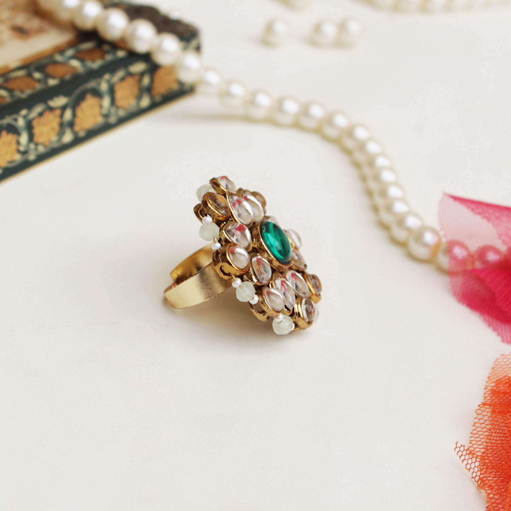 Green Kundan Amore Ring And Earrings Set - BeAbhika.com