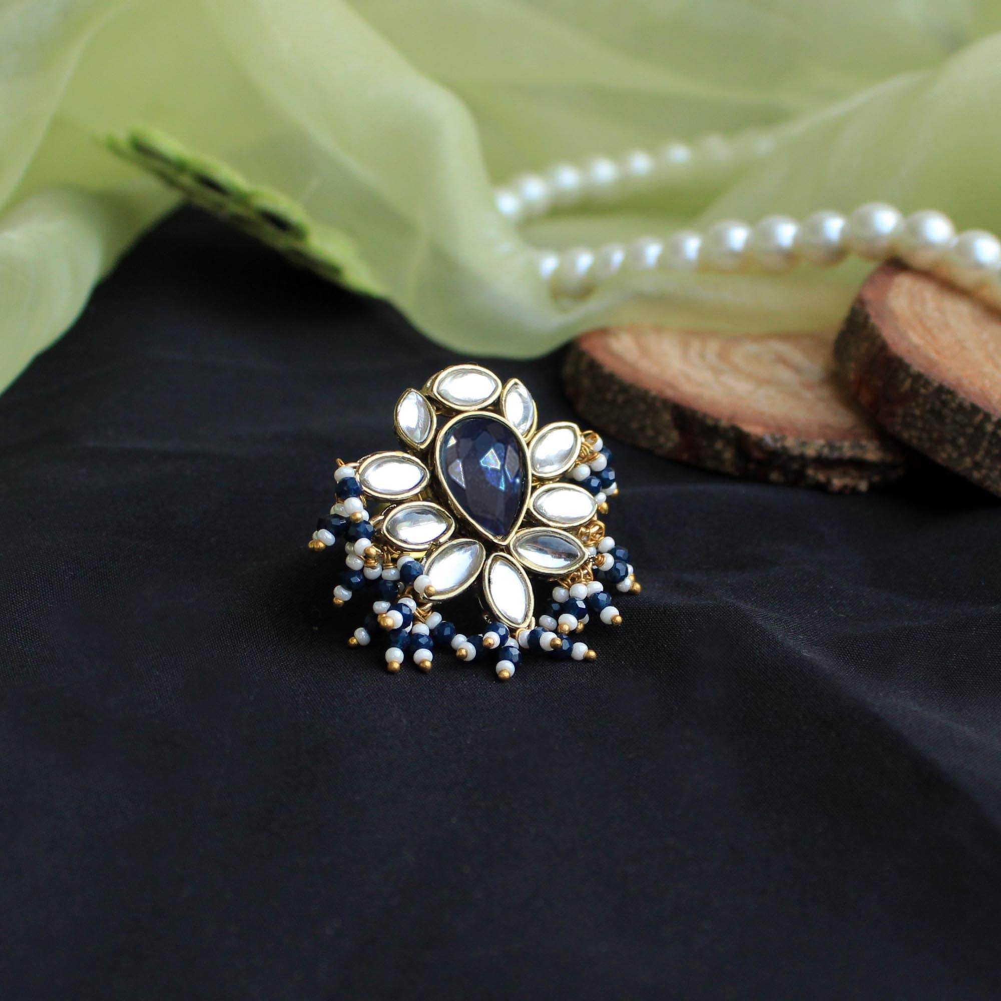 Beabhika Handmade Artificial Jewelry Gold Tone Adjsutable Kundan Ring Blue Kundan Rings Daily Wear Part Wear Traditional Kundan Jewelry Statement Small Fashion Ring Cocktail Ring Set White Kundan Ring Blue Color Adjustable Rings Available On COD In India Delhi Traditional Heeramandi Style Jewelry