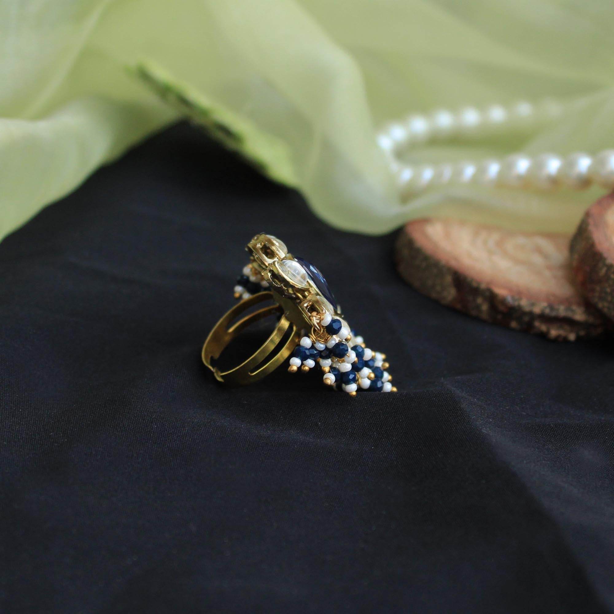 Beabhika Handmade Artificial Jewelry Gold Tone Adjsutable Kundan Ring Blue Kundan Rings Daily Wear Part Wear Traditional Kundan Jewelry Statement Small Fashion Ring Cocktail Ring Set White Kundan Ring Blue Color Adjustable Rings Available On COD In India Delhi Traditional Heeramandi Style Jewelry