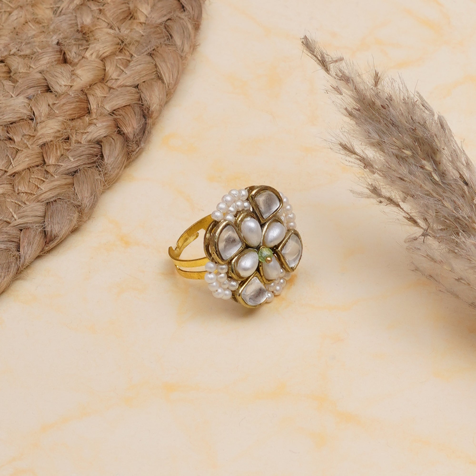 Kundan & Pearl Bloom Adjustbale Ring