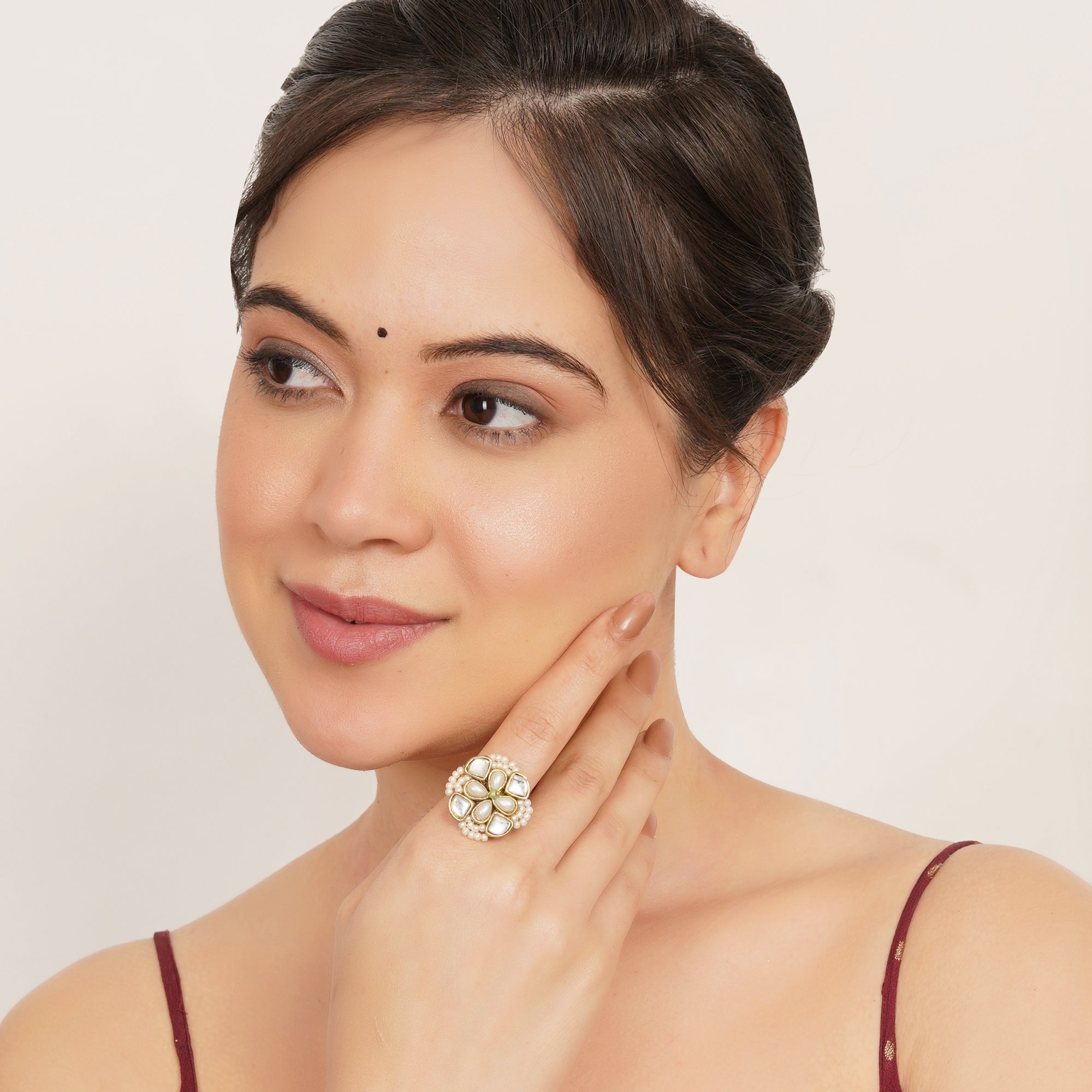 Kundan & Pearl Bloom Adjustbale Ring