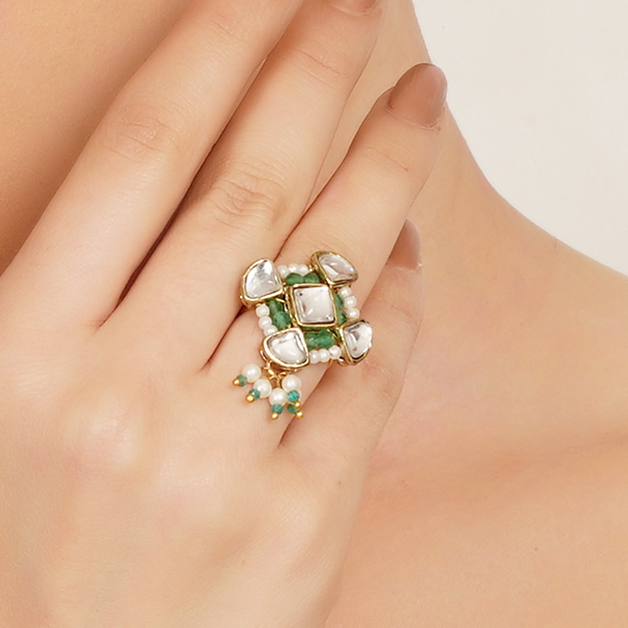 Emerald Green Kundan Pearl Ring